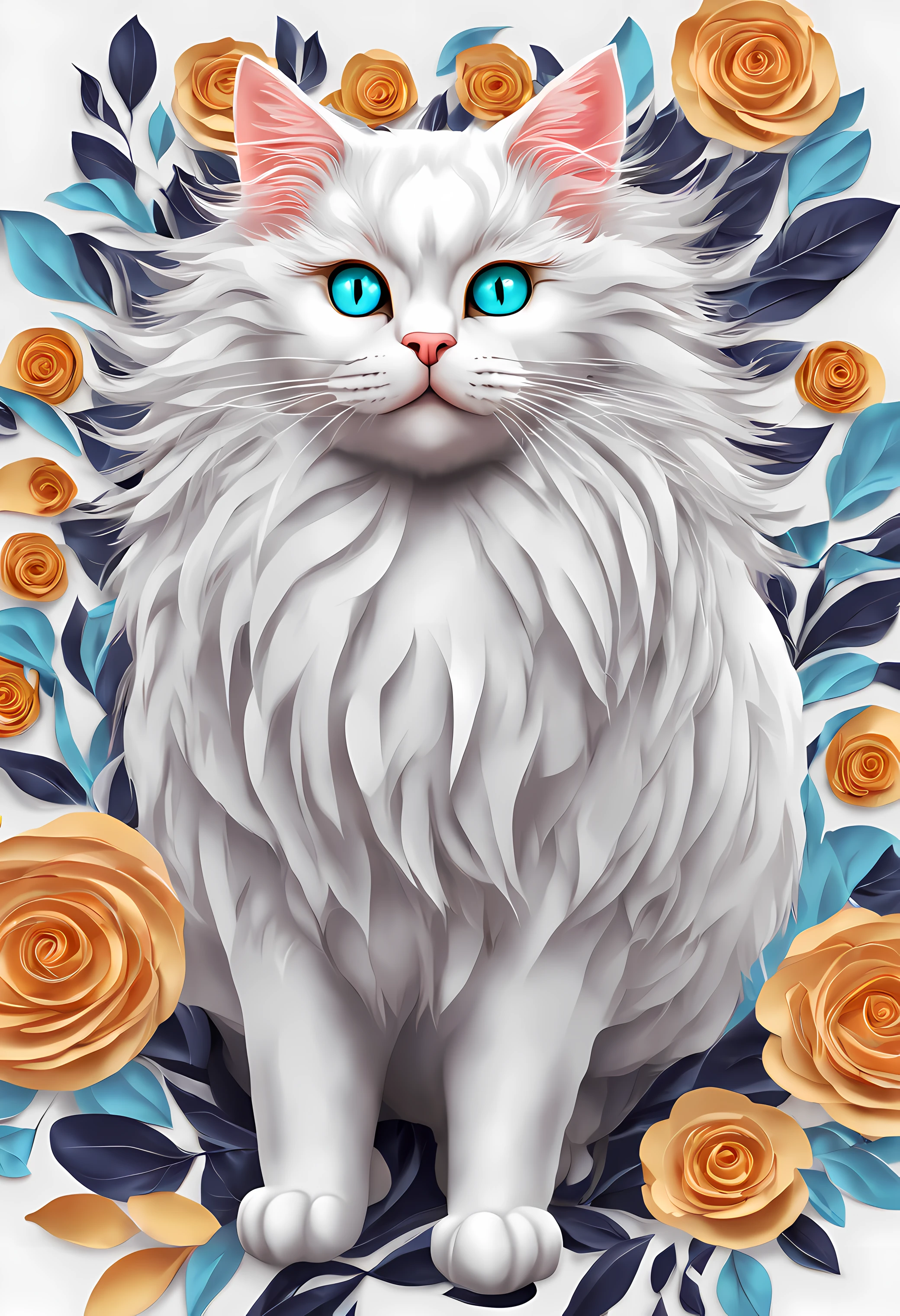 a cat of the white Angora breed, pintura estilo 3D aquarela, Gato Angora peludo branco, imagem completa, High resolution high contrast (fotorrealista:1.5), (Foto RAW, 8k UHD,