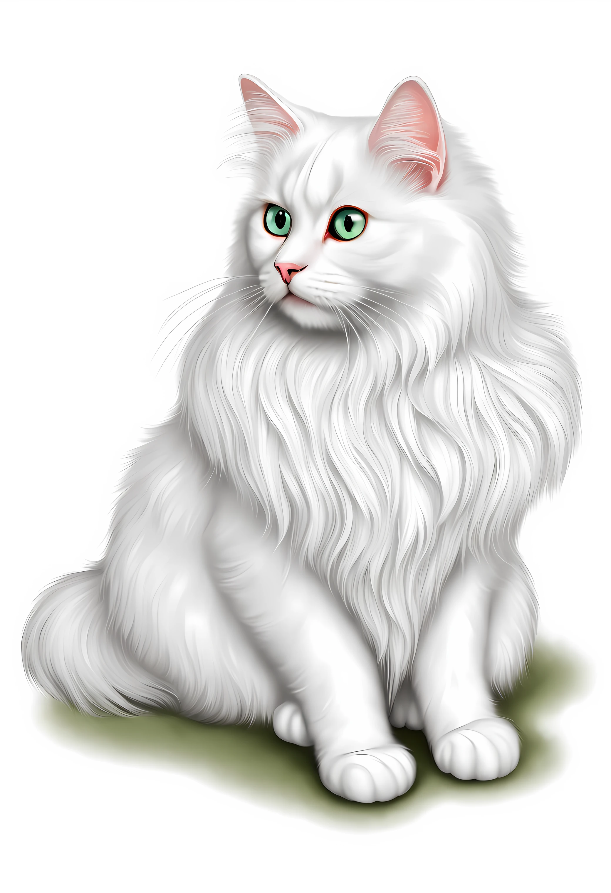 a cat of the white Angora breed, pintura estilo 3D aquarela, Gato Angora peludo branco, usando uma touca fofinha, imagem completa, High resolution high contrast (fotorrealista:1.5), fundo branco, estilo adesivo, (Foto RAW, 8k UHD,
