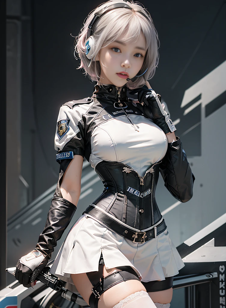 (Top Quality, Ultra High Definition, Photorealistic: 1.4), (cowboy shot:1), 1 Beautiful Girl, (Kpop Idol), Detailed Face, (Hair Style:Pink:0.6Silver:0.4, fullbang, shortbob-style:1), Contrapposto, Perfect Anatomy, Smooth Skin, Professional Lighting, (wear color white black silver),((wearing Futuristic Police Racing Suits, low-mini-skirt, police wappen, High-tech Headset, military gun-corset, racing gloves, machinegun)), (Cloths colors based on pink silver white black), (background, backstrage),