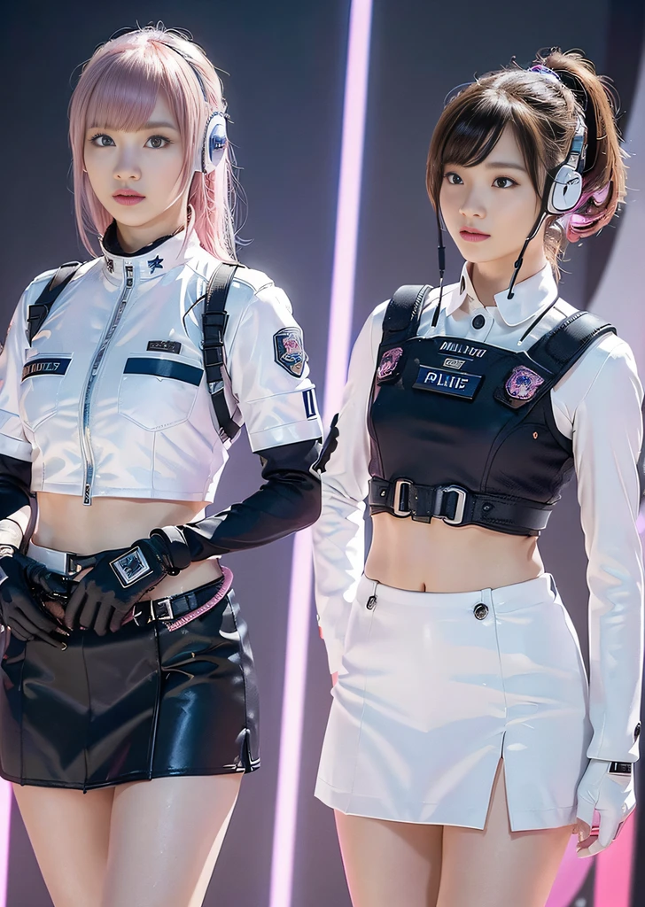 (Top Quality, Ultra High Definition, Photorealistic: 1.4), (cowboy shot:1), 1 Beautiful Girl, (Kpop Idol), Detailed Face, (Hair Style: Pink:1, fullbang, shortbob-style:1), Contrapposto, Perfect Anatomy, Smooth Skin, Professional Lighting, ((wearing Futuristic Police Racing Suits, low-mini-skirt, police wappen, High-tech Headset, military gun-harness, racing gloves, machinegun)), (Cloths colors based on pink silver white black), (background, backstrage),
