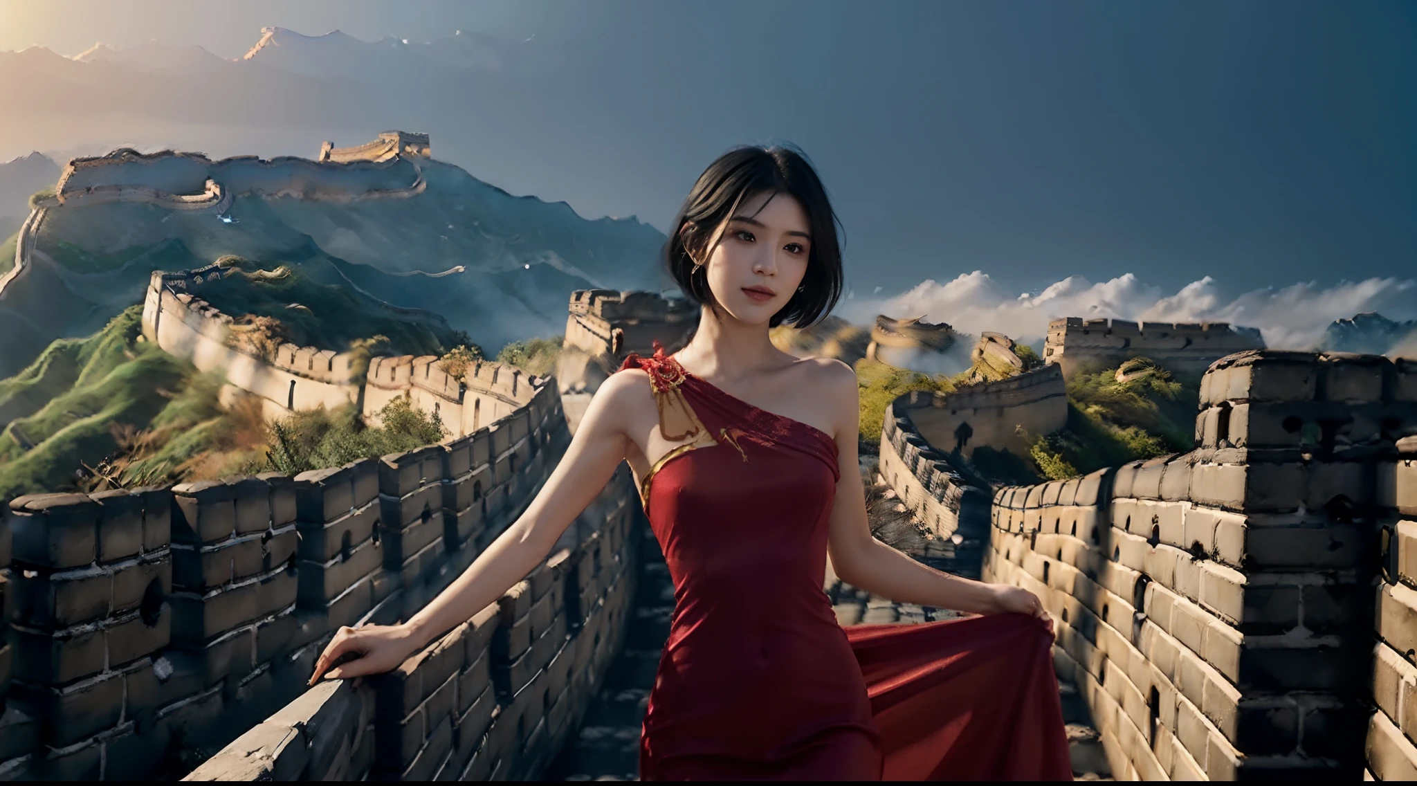 (shoulder length straight short black hair:1.5), （Extremely meticulous CG 8k wallpaper），（Extremely refined and beautiful），（Masterpiece），（best qualtiy：1.0），（Ultra High Resolution：1.0），beautiful light up，Perfect lightning，realistic shaded，[A high resolution]，Smooth and flawless fair skin，Extremely exquisite facial details，（perfect body：1.1），ultra - detailed,(1 beautiful girl:1.5),(solo:1.5),small head,(Flat chests:1.3)，slim，thin，Smile，cheerfulness，(Gorgeous Red Evening Dress Long Dress:1.5),Slender legs,shoulder off,bare shoulder,upper body,close shot,cowboy shot,(Portrait above chest level:1.2),(Photo booth:1.2),(Bright sunshine:1.2),(standing:1.5),(Day scene:1.5), (on the Great Wall:1.5),(blue sky:1.3),(Green Mountains:1.2),(sunny day:1.3)