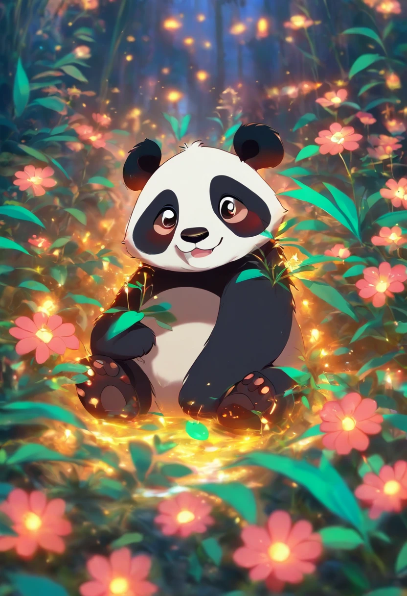 Um panda bonito deitado sobre as flores,Tem olhos grandes,Blushlush,LAZY,cumprimentar,alto detalhe comendo algo