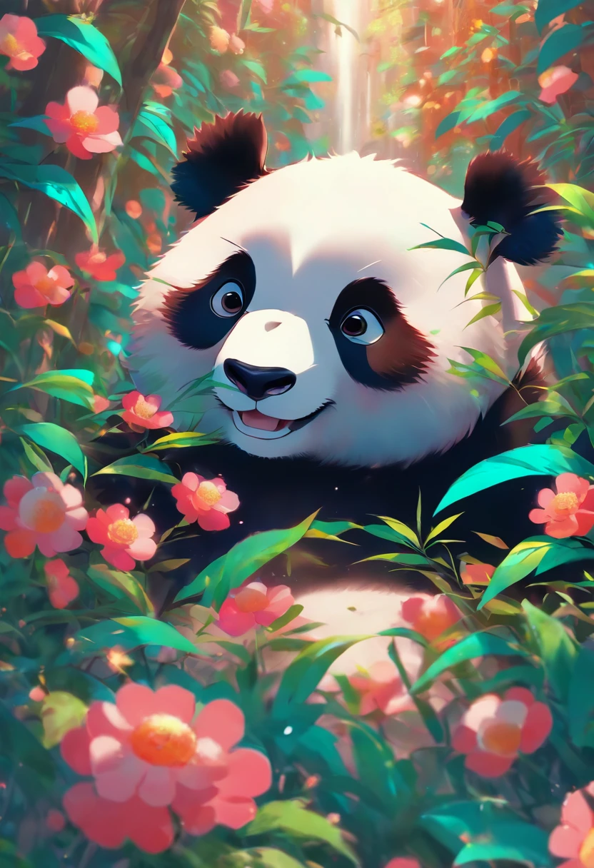 MG xiongmao,1 a chubby panda,sky,cloud,outdoors,solo,hat,furry,grass,leaf,closed eyes,cloudy sky,petals,standing,scarf,no humans,Moon,at the bottom of the water,Bubble,.