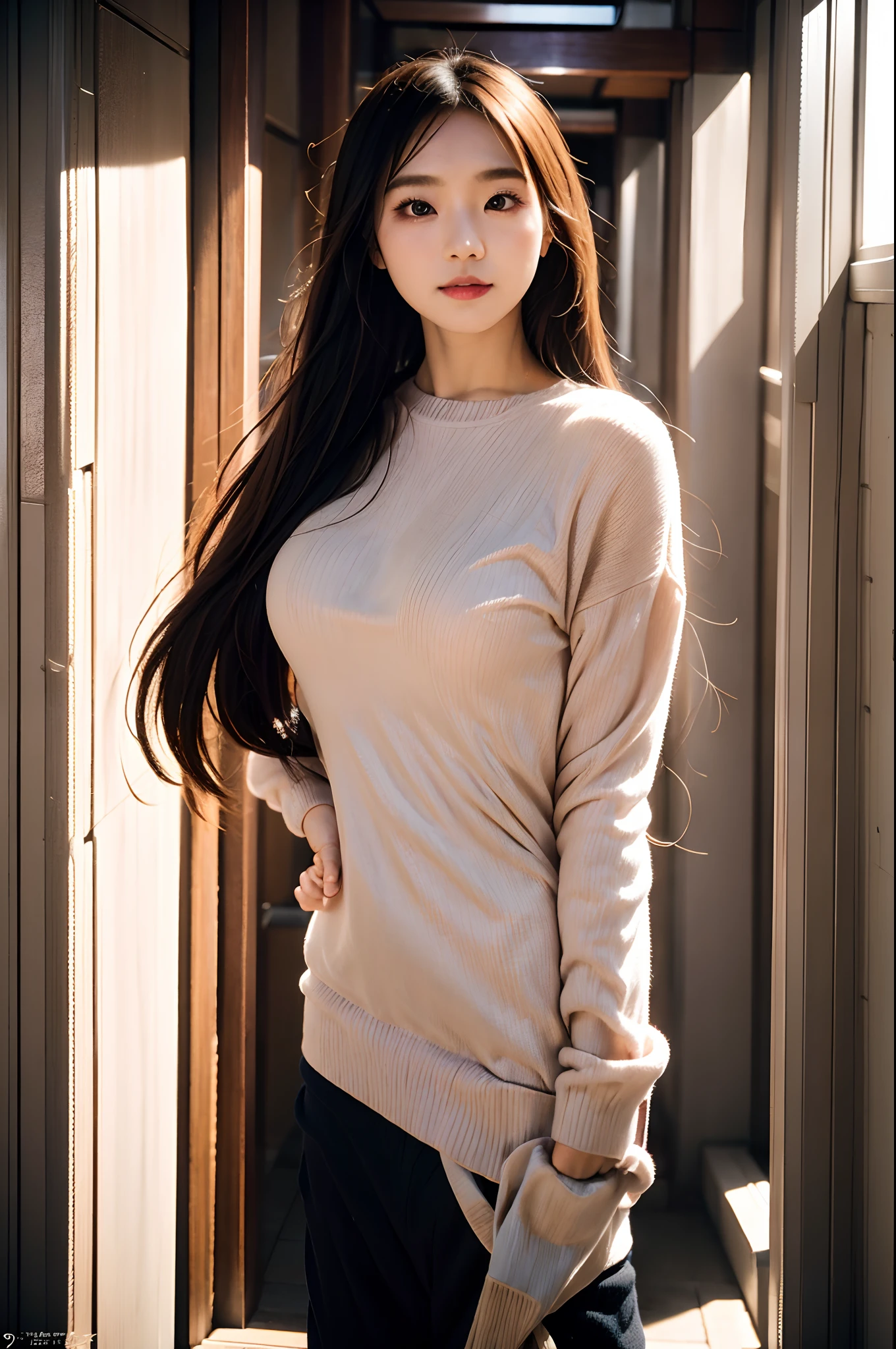 ((1girl)), in white long sleeve shirt, instant camera flash, pose at balcony with New York City as a background, makeup with glossy lip, small breasts, (girl in balcony:1.4), various angle, ((faced focus)), 22 years old, Beautiful Japanese Girl, standing pose, (sfw:1.4), realistic light, realistic skin tone