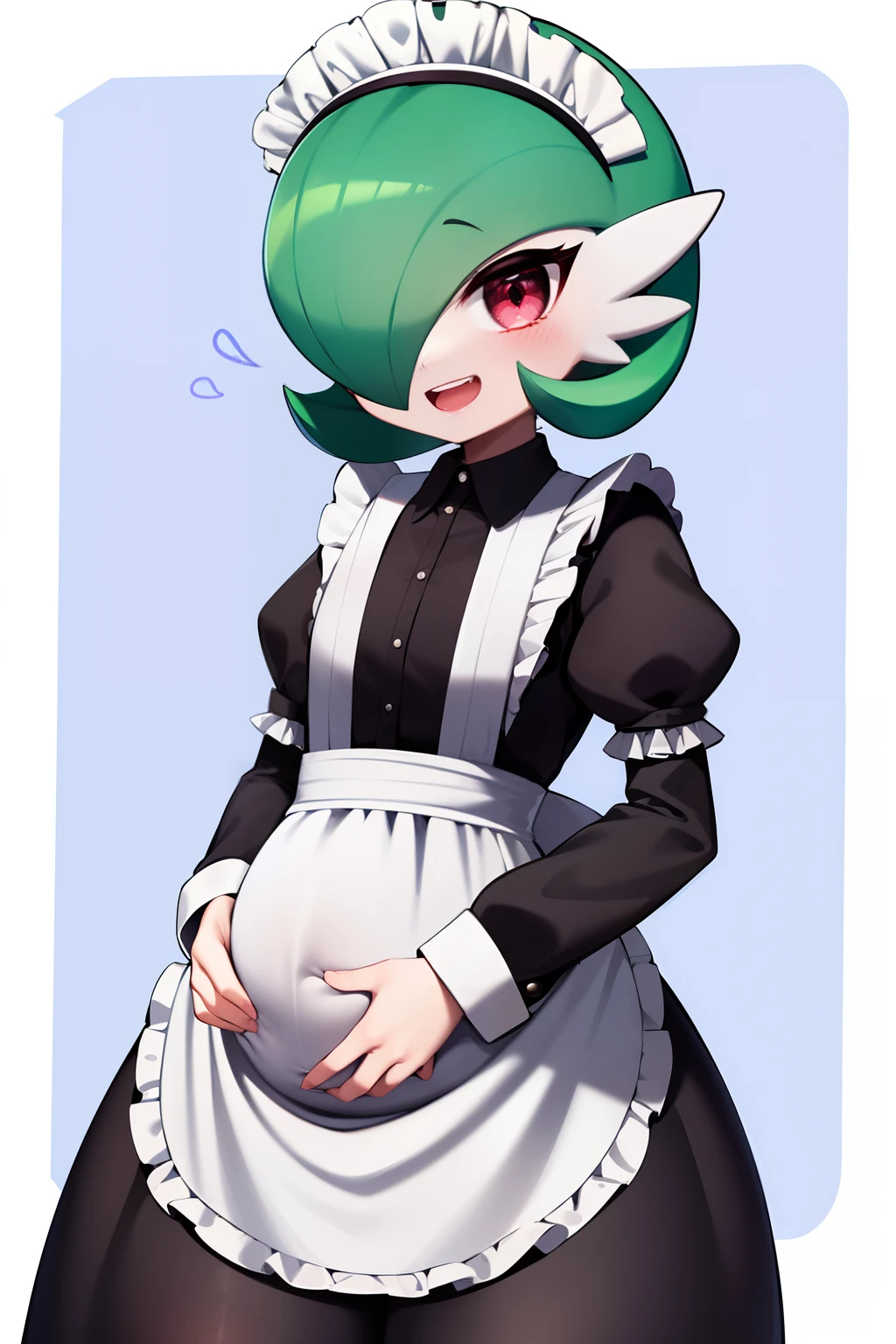 obra maestra, best_quality, 1girl, solo, gardevoir, pokemon \(criatura\), cabello verde, ojos rojos, vestido de sirvienta, maid uniform, mansion,  sonrisa, rubor, mirada tranquila, embarazada, vientre de embarazo, ((abrazando su vientre de embarazo)), senos medianos, pechos medianos, ropa negra, falda larga, falda negra, (((maid uniform))).