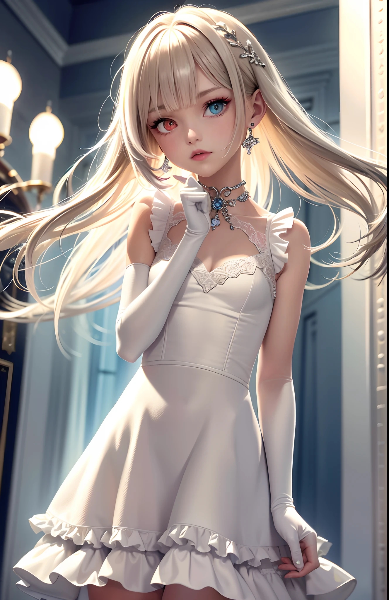 Best, Masterpiece, High Resolution, Best Quality, Ultra HD, Super Detail, Award-Limited, 16k, Solo, (Upper Body), Anatomically Correct, Beautiful Maiden, Cute Face, Highlights, Gradient Beige Hair, Hair Strands, ((Heterochromia)), Long Eyelashes, Hanging Eye Corners, Fair Skin, (Small), (Slim Body), ((Butler Suit)), Stud Earrings, (Neck Rings), Very, Very Short Gloves