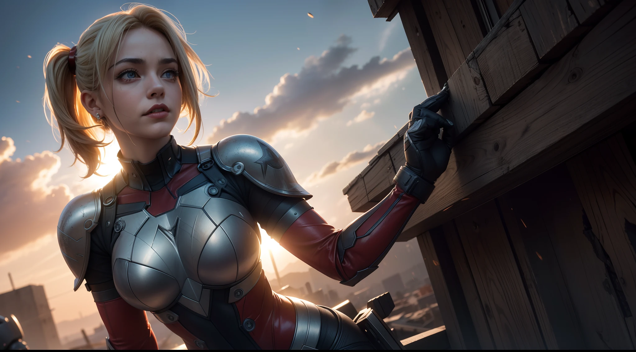 Harley Quinn (tetas grandes, Iron suit) от DC Comics, CGI with clear focus, Photorealistic, high detail, Realistic, Masterpiece, absurdress, Best Quality, HDR, hiquality, hight resolution, Extremely detailed, 8k wallpaper, intricate details, 8K UHD, Full-HD, (foto realista:1.2), Contrast, sharp lighting, Cinematic lighting, natural lighting, hard light, Backlighting, Global Illumination, Environment Occlusion