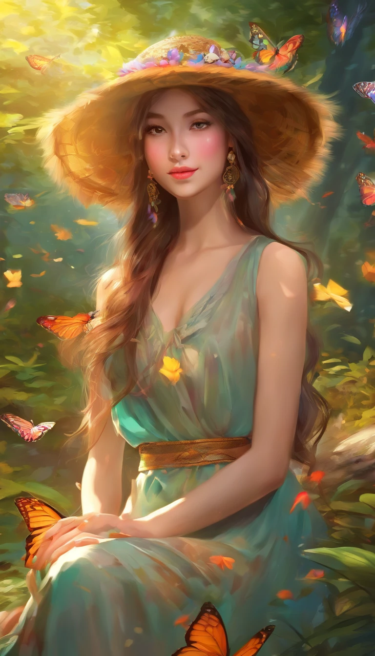 A girl in a mysterious forest, with enchanting sunlight shining through the dense trees, surrounded by vibrant flowers and fluttering butterflies. The girl's eyes are beautifully detailed, with long eyelashes that add a touch of elegance to her face. Her lips are also beautifully detailed, enhancing her charming smile. The girl is wearing a flowing dress that matches the nature-filled surroundings, and her graceful pose captures the essence of tranquility and harmony. The scene is depicted in a medium that combines the techniques of oil painting and digital illustration, creating a stunning fusion of traditional and modern art. The image quality is of the highest standard, with ultra-detailed features and a realistic, photorealistic rendering. The colors are vivid and vibrant, further enhancing the magical atmosphere of the forest. The lighting in the scene is carefully crafted to highlight the girl's radiant presence and create a serene ambiance.
