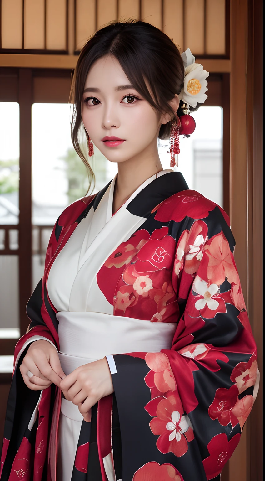 masutepiece, Best Quality, Illustration, Ultra-detailed, finely detail, hight resolution, 8K Wallpaper, Perfect dynamic composition, Beautiful detailed eyes, Oiran costume, Natural Lip, Small breasts, Oiran hair, beauty legs,KPOP Idol Face,Cute,Slender body,Slender face,kyoto,The kimono is a little disheveled.