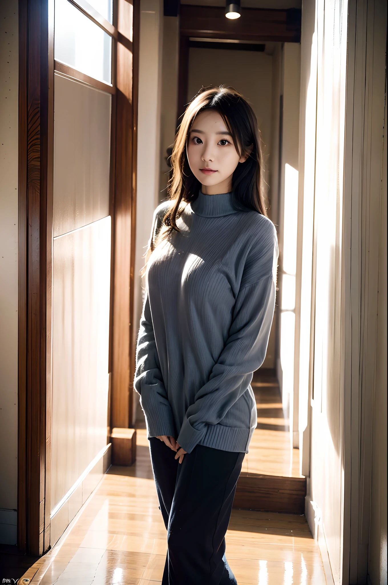 arafed woman in a sweater standing in a hallway with a wall, a picture by Ric Estrada, trending on cg society, realism, rin, she is wearing streetwear, chiho, woman in streetwear, mid shot portrait, f / 2 0, taken with canon eos 5 d mark iv, sun yunjoo, eeri, taken with canon eos 5 d