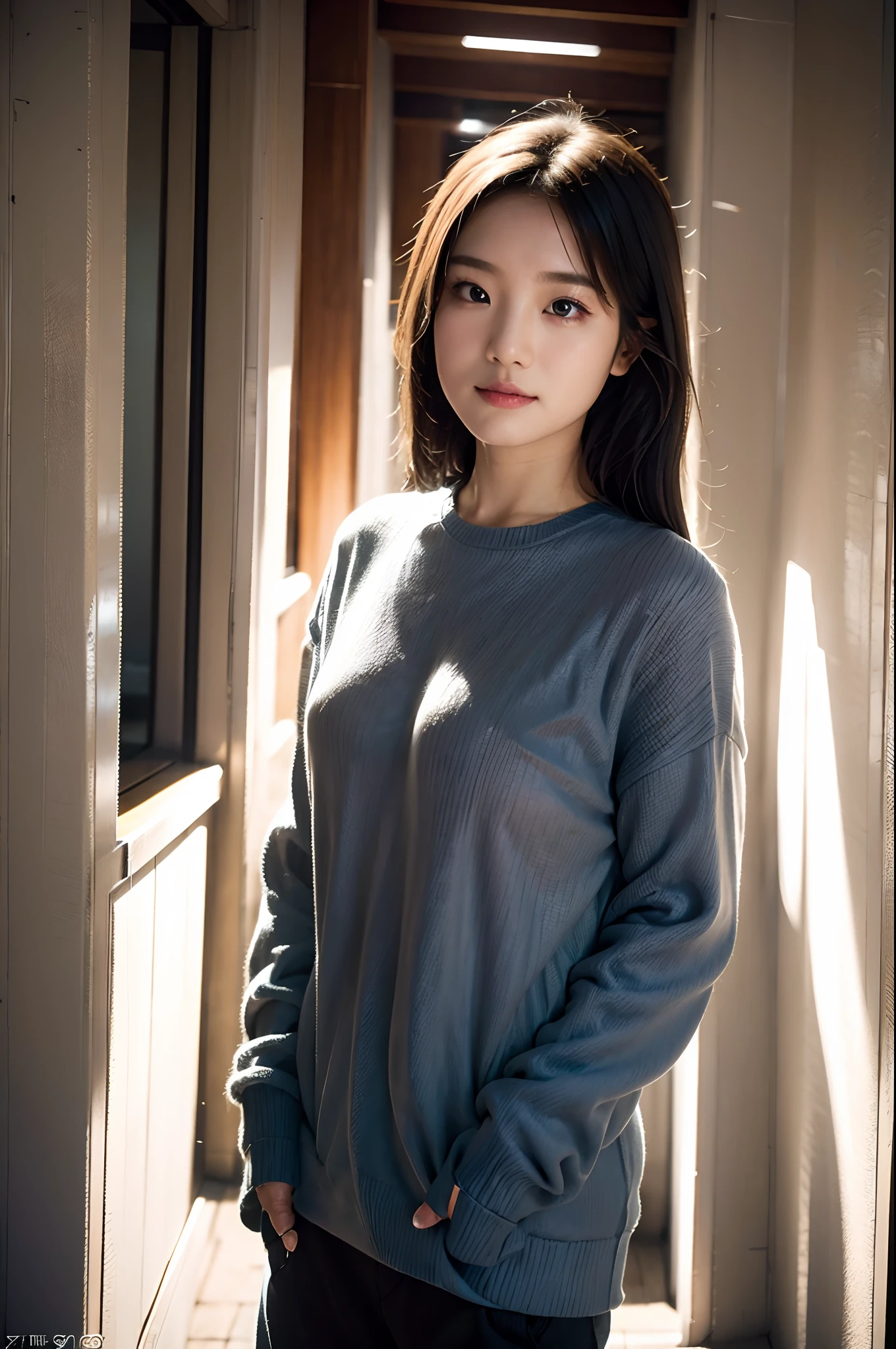 arafed woman in a sweater standing in a hallway with a wall, a picture by Ric Estrada, trending on cg society, realism, rin, she is wearing streetwear, chiho, woman in streetwear, mid shot portrait, f / 2 0, taken with canon eos 5 d mark iv, sun yunjoo, eeri, taken with canon eos 5 d