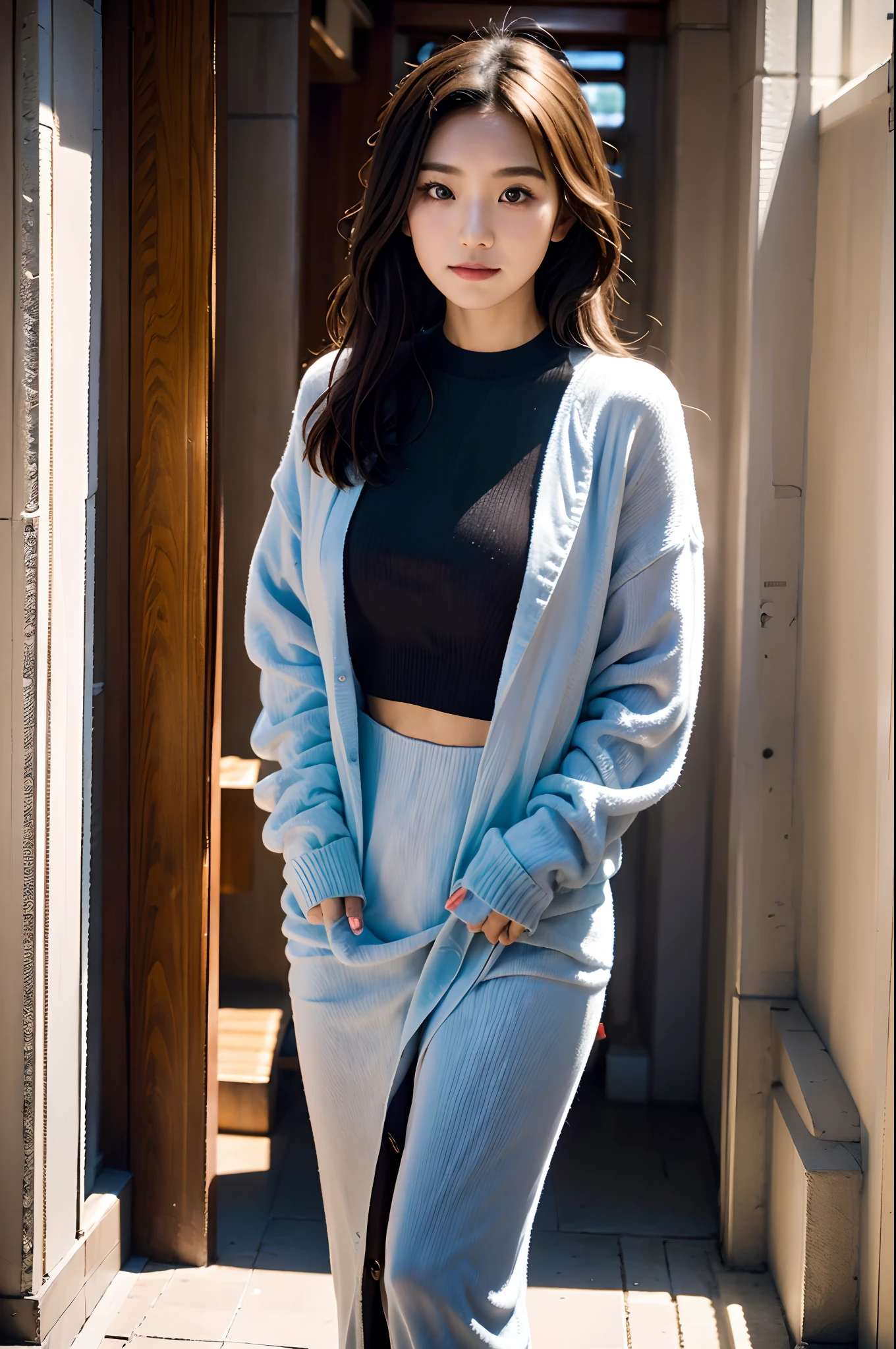 arafed woman in a sweater standing in a hallway with a wall, a picture by Ric Estrada, trending on cg society, realism, rin, she is wearing streetwear, chiho, woman in streetwear, mid shot portrait, f / 2 0, taken with canon eos 5 d mark iv, sun yunjoo, eeri, taken with canon eos 5 d