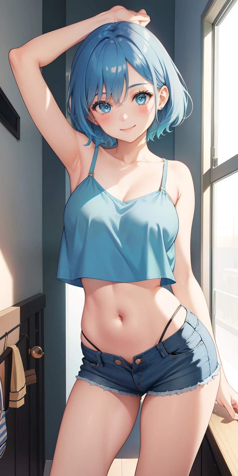 masterpiece, best quality, HD, 4K, Ultra-high resolution, Extreme Detail, Super detailed,beautiful eyes, beautiful hair, Beautiful side, beautiful skin,Kurokawa Akane, nsfw, Blonde,blue hair,star-shaped pupils, big breasts,glossy leather,topless, no bra,No underwear,lying on your back,Spread your legs towards the viewer,squeeze the chest,open bra, ahegao, blush, Charming smile, close your eyes, bed, Close-up, Look at the viewer