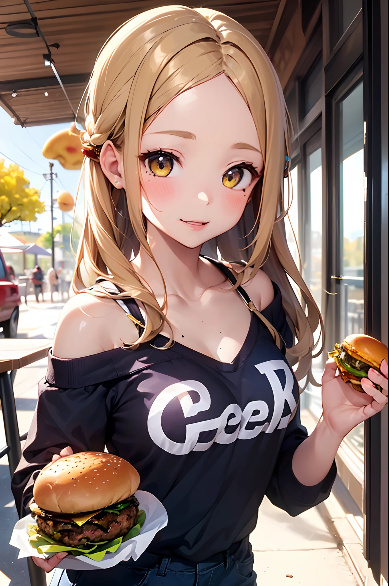 (Girl with a nasty appearance:1.3),(lunch:1.5),(and chest:1.4),Raw photography, top-quality, hight resolution, (masterpiece), (Photorealsitic:1.4), (Mole under the eyes),foco nítido, nffsw, 8K分辨率, intricate detailes, depth of fields, the Extremely Detailed CG Unity 8K Wallpapers, front lit, femele,25-years old、 Impatient face、Crisp eyes、(hamburgers:1.5)、see -through、(Medium Bang Gold Hair Hidden forehead:1.3)、Orange-eyed,(Hurry:1.5)、(Holding a wrapped hanger with both hands:1.3)、Bright background、(Blue off-shoulder and yellow pants)、Autumn outfit、Older sister's atmosphere、Terrace seating