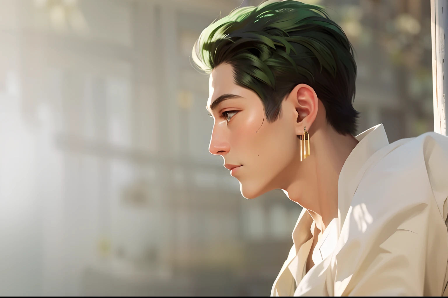 Zoro Handsome man, from Japan, soft, smooth eyes, opalescent, pearlescent, holographic, facing sideways, blackish green hair, has 3 gold earrings, wears plain white Japanese clothes, sharp nose,