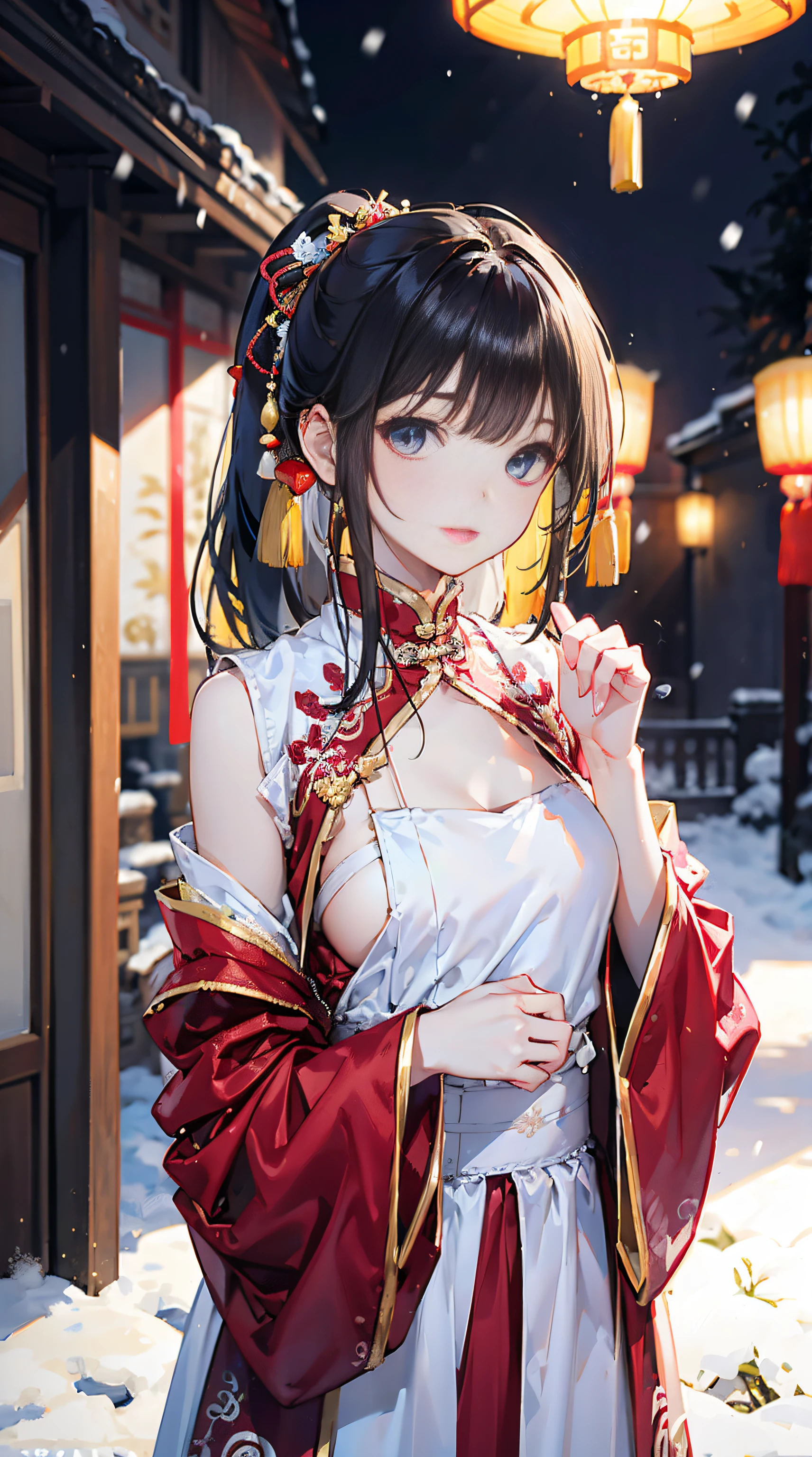 (film portrait photography, 1girll, exposed bare shoulders:1.5,shadowing:1.4,At night:1.4,janelas,Lanterns)(Realistic detailed eyes, Natural skin texture, Realistic facial details)(Soft dramatic lighting, depth of fields, Bokeh, vibrant detail, finedetail, hyper realisitc, 35mm film, Hazy and blurry, Photorealism,smallunderboob,鎖骨:1.5)(ar old,Ancient Chinese girl:1.6,Lori huge breasts cleavage,watch audience,Take strawberries,Delicate snow,Detailed hands)(Be red in the face:1.5,Petite figure,ssmile,Small red lips:1.4,eye shadows:1.2,Gorgeous Ming Dynasty long-sleeved Han costume:1.5,wearing hair bow:1.4,Naked foot:1.3,French bangs,double-ponytail:1.4,Chinese Ancient Architecture)(Sit indoors,heavy snowy)
