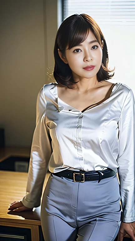 (Best quality, 8k, 32k, Masterpiece, UHD:1.2), 1 girl, ((cowboy shot)), beautiy Japanese office lady, (smile:0.5), (looking at the viewer), bit chubby, grey suit, white shirt, office room, desk, from below,