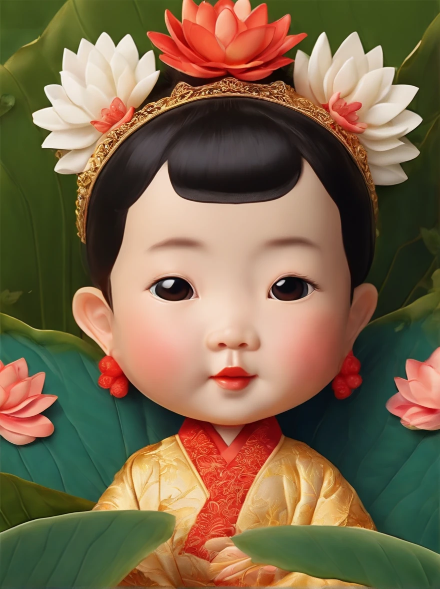 Long-range shooting，A Chinese newborn，Big eyes，The body is wrapped in soft animal hair，On a lotus leaf that is 3 quilts larger than himself，Lotus flowers open around，vibrant with colors。tmasterpiece，ultra-realistic realism，超高分辨率，high qulity，8K