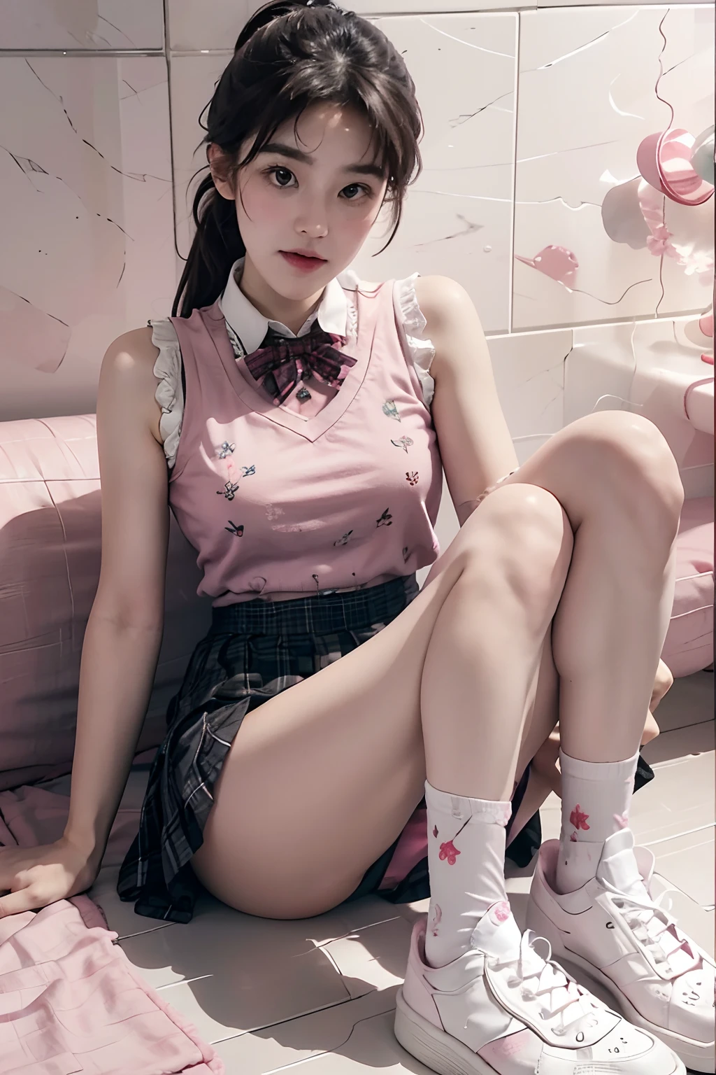 Sleeveless vest with pink strawberry pattern on upper body，Lower body dark plaid skirt，White calf socks，Black leather shoes