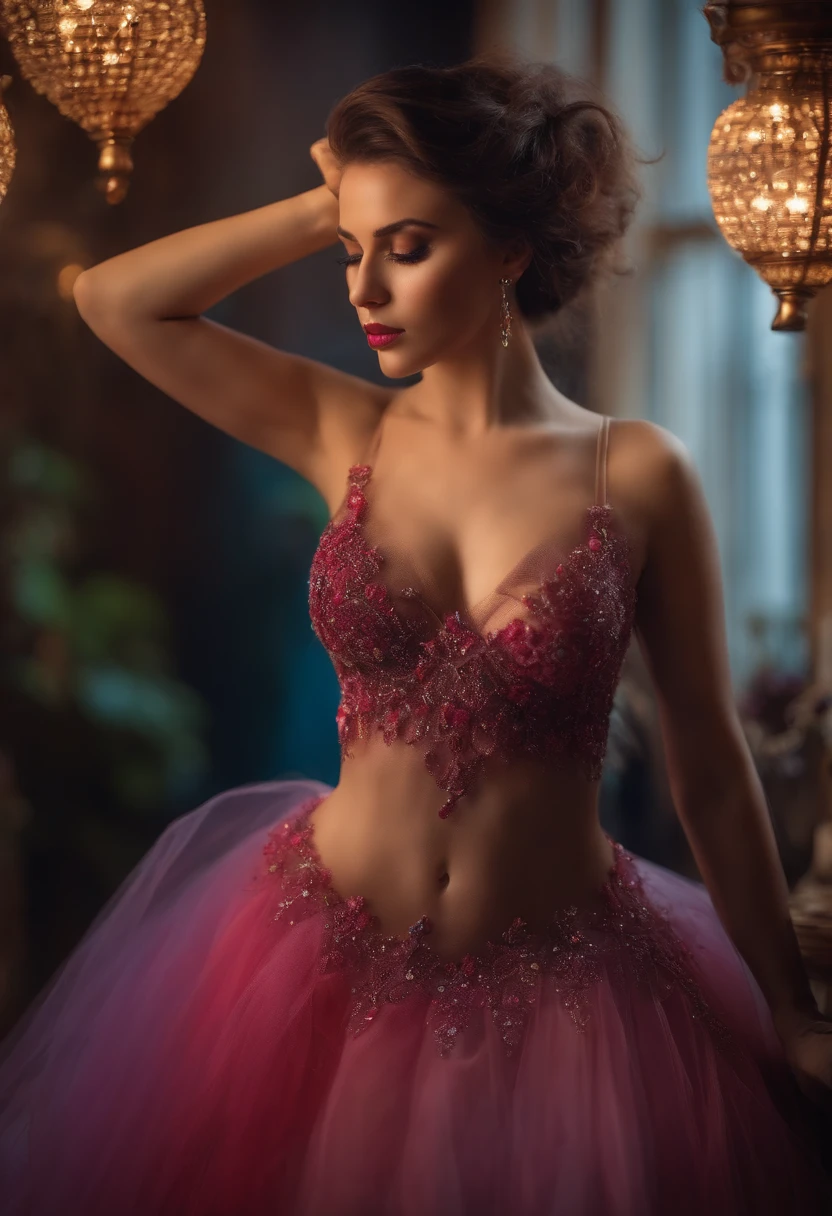 A brunette girl,Big breasts,full bodyesbian,Wear transparent tulle