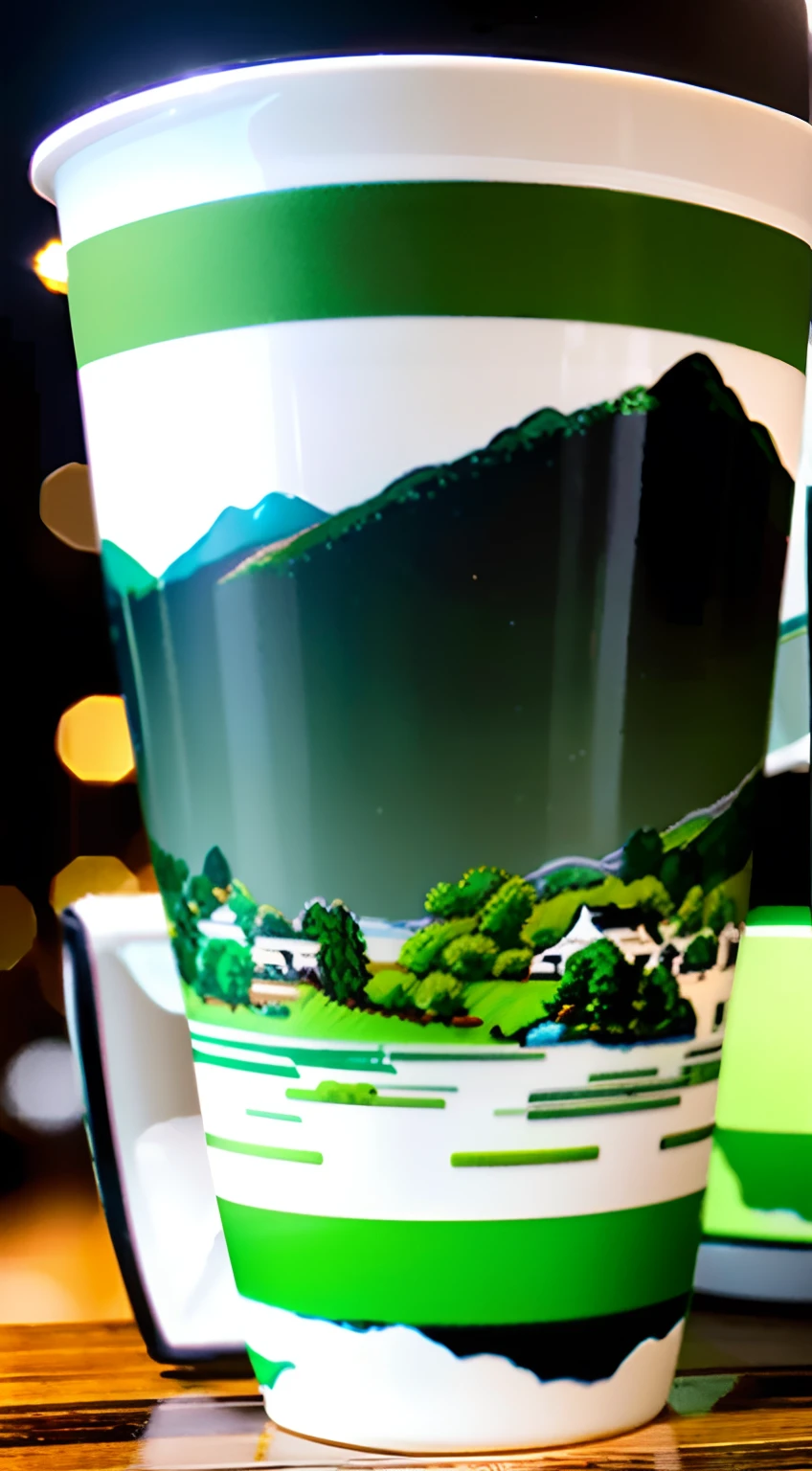 Takeaway coffee mugs and green and white landscapes blend together, Meticulous landscape painting of the Song Dynasty, Green-white light, microscopic view, Undulating resin sheets, HD 8K-ar 3:4