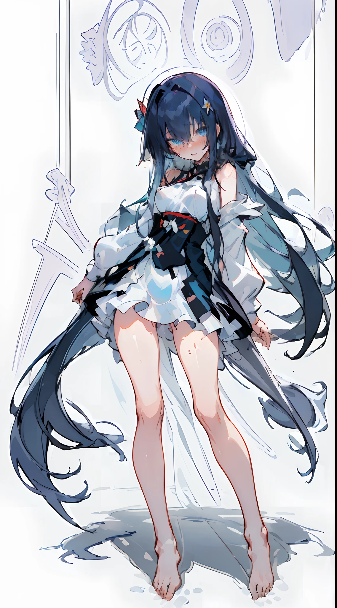 (Masterpiece, Best quality) (Masterpiece, Best quality) (Masterpiece, Best quality) ,1 girl, ((Blue eyes)), Delicate eyes, Dark blue hair, Long hair,Messy hair,Hairstyles, white hoodie, Large breasts,( Slender legs:1.35), Barefoot,Wet,embarressed,((Blush)),Suffocating,full bodyesbian, Hand POV, Long sleeves, 鎖骨, , view the viewer, offcial art, Sketch, ,,Empty eyes,clench one's teeth,Bare shoulders,Highest image quality,Excellent hands,Solo,Slim waist,Rolling,Tears,Wet,open mouth,hairwear,leg rings,