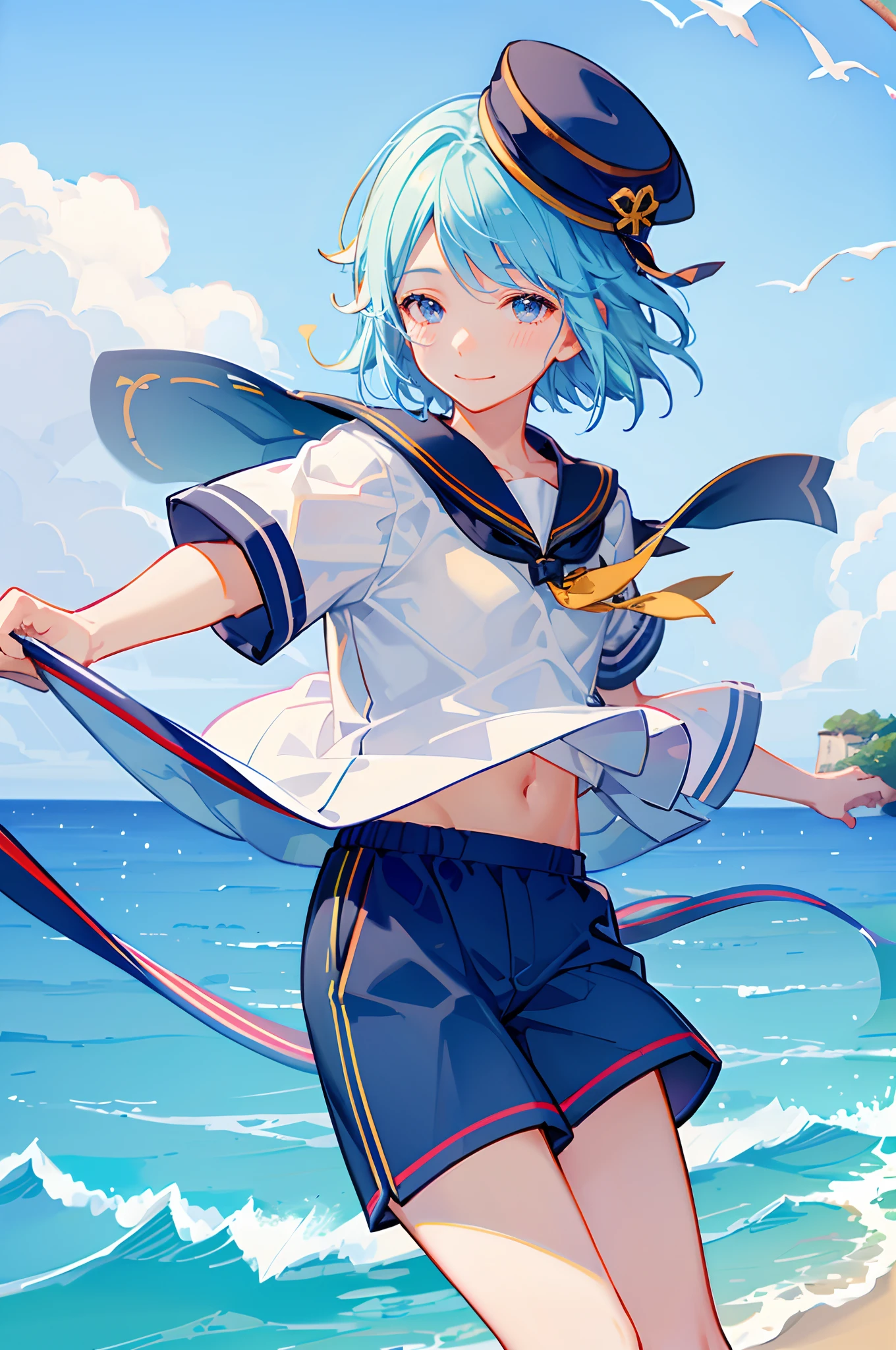 Hajime Shino, solo, blush, smile, blue eyes, 1boy, blue hat, blue hair, male focus, shorts, sailor collar, sailor hat, sailor, short hair, bangs, petite boy