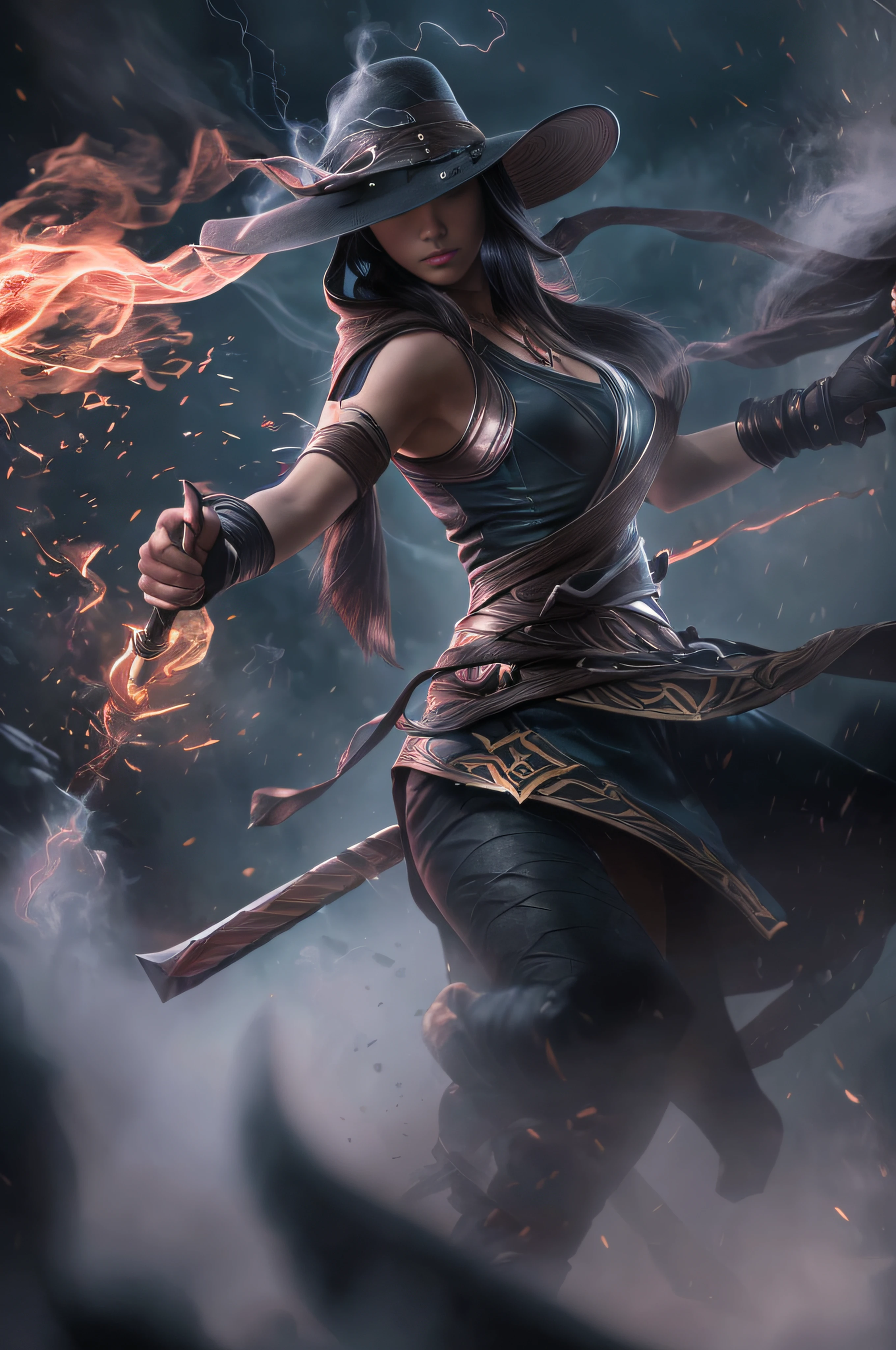 ((Akali de League of Legends, Ultra realista)), (((corpo inteiro))), ((perfect hands)), Usando a Arma Samurai, fundo antigo, elegante, gray and black smoke, atordoante, hyper realistic, octan render, surrounded by the effect of smoke and lightning, Estilo League of Legends, fundo antigo, elegante, deslumbrante, (papel de parede), arte conceitual, detalhes intrincados, altamente detalhado, ((cinemactic)), Dramatic, (mais alta qualidade, Concedido, obra-prima:1.5), (fotorrealista:1.5), fotografia, Realistic photo, Nikon, Luz Natural, 4k, highes definition, XF IQ4, 150MP, 50 millimeters, ISO 1000 Certification, 1/Anos 250, Luz Natural, Adobe Lightroom, photolab, Photographic Affinity, PhotoDirector 365,