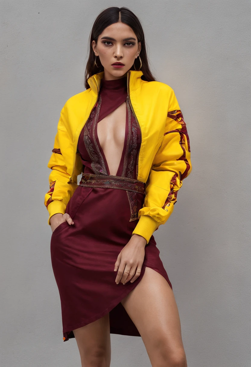 Fotografia de Moda, corpo inteiro, of natives of indigenous peoples PIJAO Colombia, cabelos longos e lisos, Slightly elongated head, head modification, gorgeous androgynous, em um vestido Streetwear, streetwear, vestido midi com treis pregas na frente mangas nos ombros e gola tipo V, yellow gold and burgundy, Yellow gold and burgundy streetwear dress of the brand "TA", "TA" streetwear, emergindo de uma lagoa, ao fundo o "Nevado del Tolima" colombia, pico nevado, Parecendo legal, iconic, destacado, but relatable. hiper-realismo, foto realista, apenas fotografia, Sem escrever.
