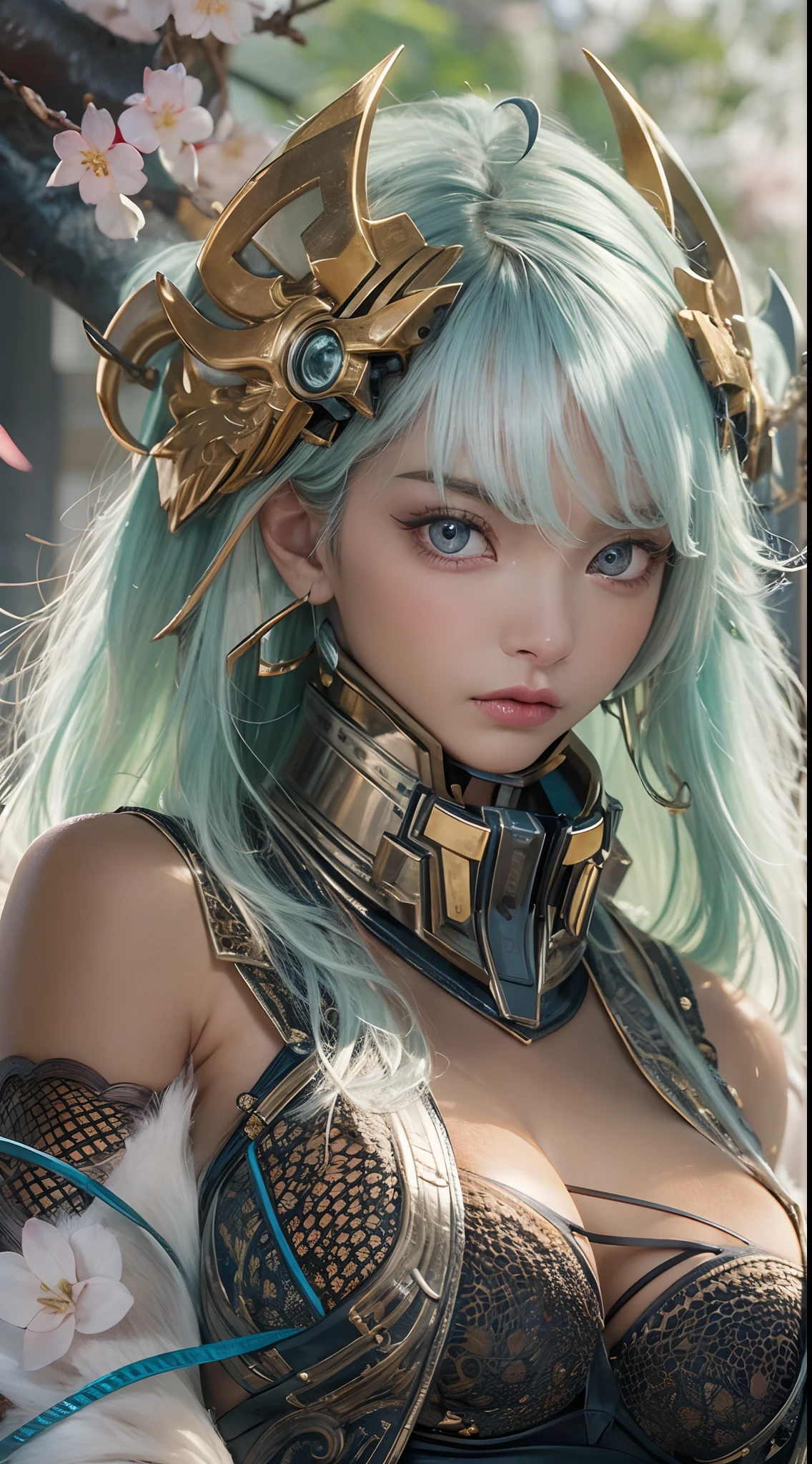 ​masterpiece, 1 beautiful girl, Detailed eye, Swollen eyes, top-quality, 超A high resolution, (reality: 1.4), 电影灯光, very extremely beautiful, Beautiful skins, A slender, Forward-facing body, (A hyper-realistic), (hight resolution), (8K), (ighly detailed), ( Best Illustration), (beautifully detailed eyes), (ultra-detailliert), 详细的脸, Bright lighting, Professional Lighting、the most beautiful and sexy cyberpunk girl, green hair, yellow eyes, dark african skin, wearing incredibly detailed futuristic cyberpunk battle armor, huge enormously gigantic tits, cleavage showing, tons of tattoos and piercings, in hyper futuristic city metropolis, cherry blossoms blowing in the wind, incredibly cinematic, incredibly perfect masterpiece, high quality, high resolution