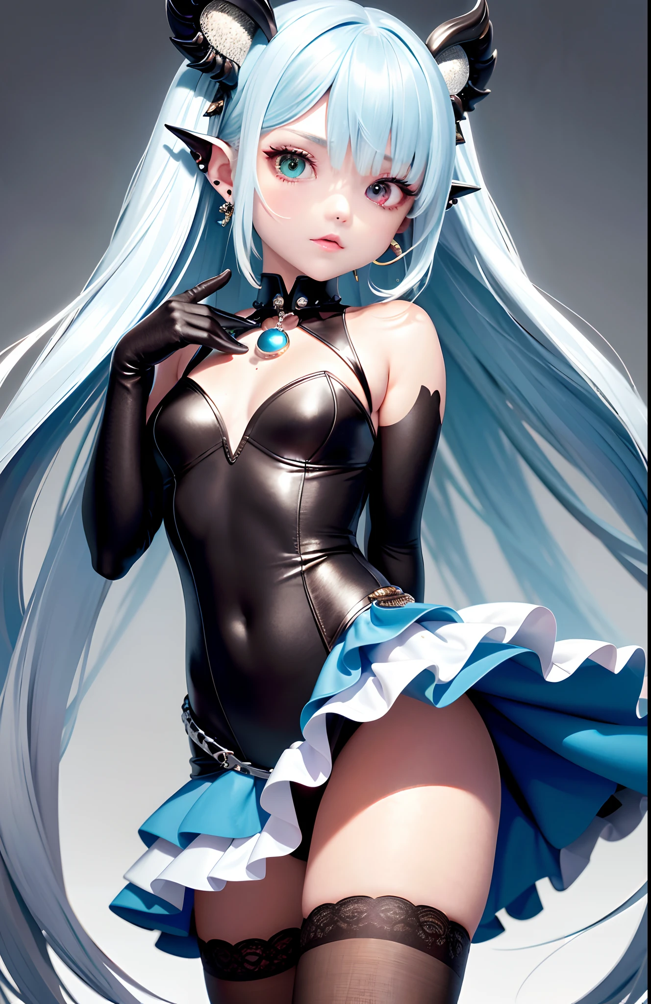 Best, Masterpiece, High Resolution, Best Quality, Ultra HD, Super Detail, Award-Standing, 16k, Solo, (Upper Body), Anatomically Correct, Beautiful Maiden, Cute Face, Highlights, Gradient cyan Hair, Hair Strands, (((Heterochromia))), Long Eyelashes, Hanging Eye Corners, Fair Skin, (Small), (Slim Body), ((frilled_dress)), short skirt, Stud Earrings, (Neck Rings), Very, Very Short Gloves