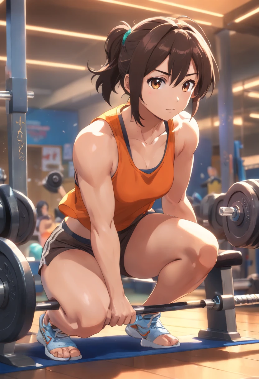 (best quality,ultra-detailed,photorealistic:1.37),goku,powerful muscular body,exerting tremendous strength,lifting heavy weights,muscle definition,numerous bulging veins,sweat dripping,training intensity,body in motion,physically demanding,heavier barbells and dumbbells,focus and determination,fitness trainers giving advice,mirrors reflecting goku's progress,vivid colors,studio lighting,weight and power training,stamina and endurance training,dumbbell curls,squatting with a barbell,bench press exercises,fitness equipment,exhaustion and perseverance,workout environment with energetic atmosphere,inspiring music playing in the background.
