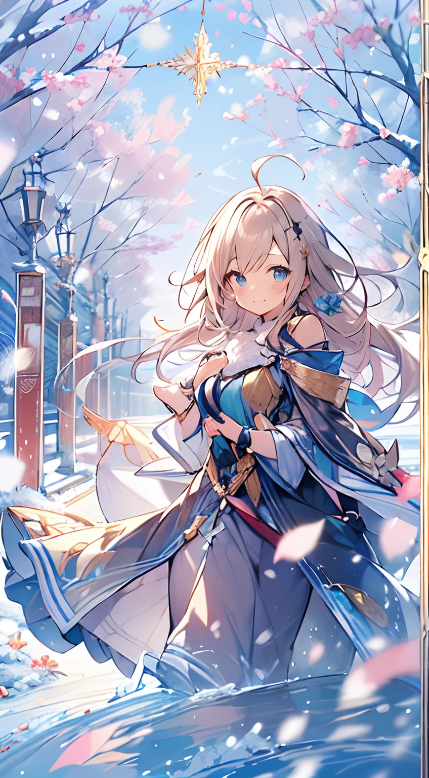 masutepiece, Best Quality,Illustration, Wallpaper, ultra -detail, Absurd beauty, 1beautiful girl、Bright hair color、Glitter and big eyes、Hair fluttering in the wind、ample breasts、♡、Smaller head、Winter scene、miscievous smile、Angle from which you can see the whole body