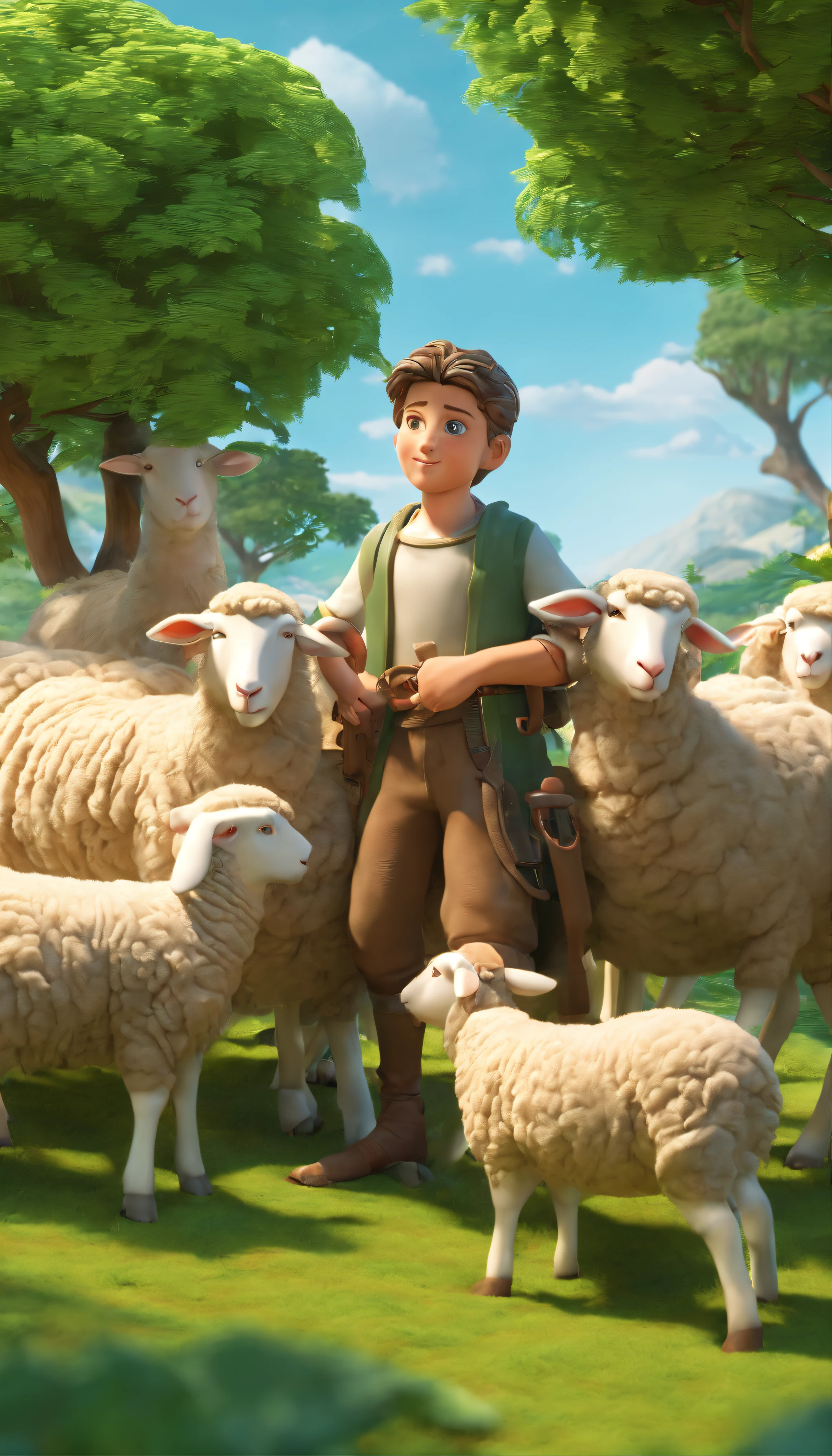 Illustrate David as a young shepherd boy tending to his sheep in a lush green field. Make sure to capture his kindness and musical talent.