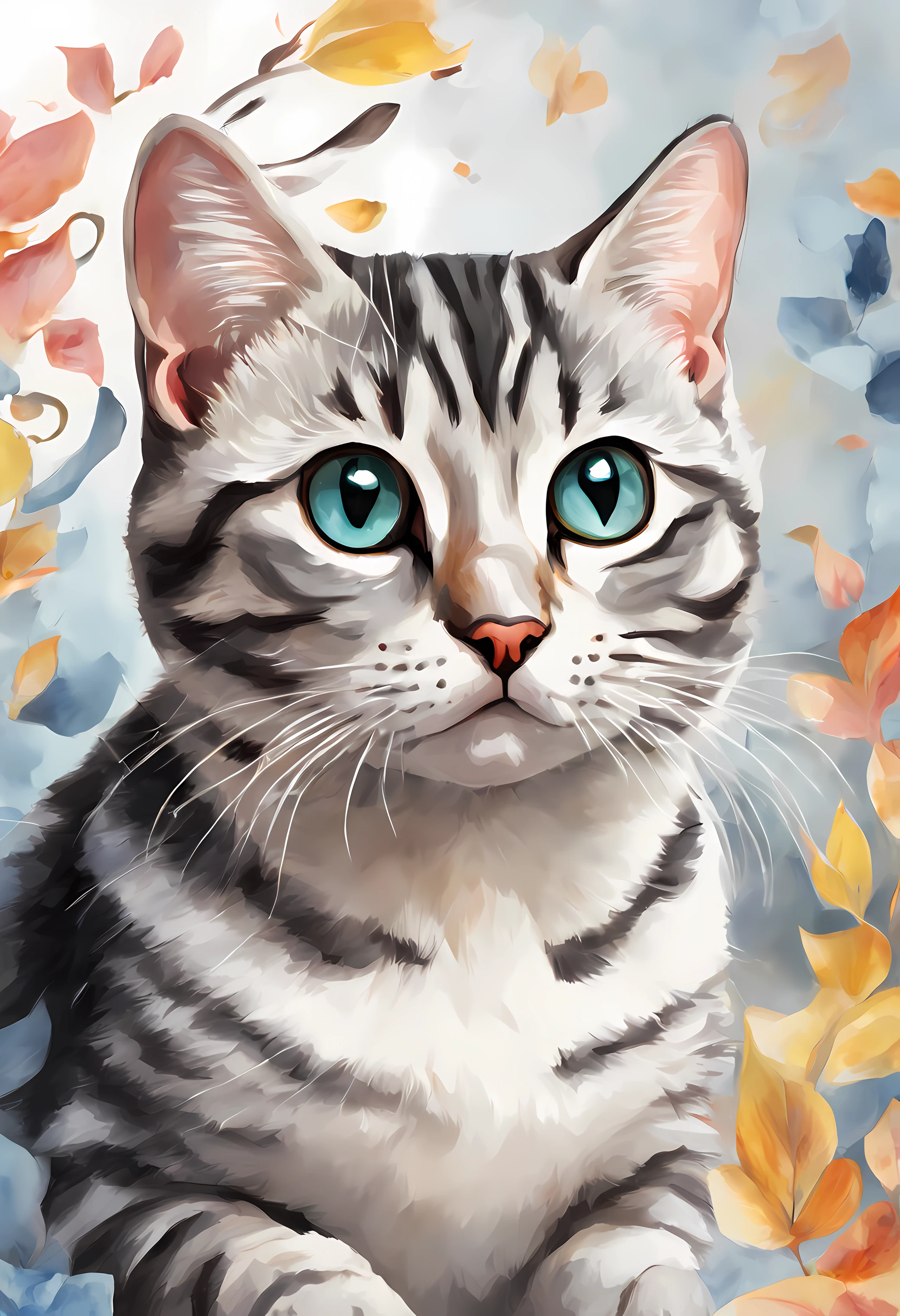 a cat of the American Shorthair breed, pintura estilo 3D aquarela, Gato American Shorthair, imagem completa, High resolution high contrast (fotorrealista:1.5), (Foto RAW, 8k UHD,