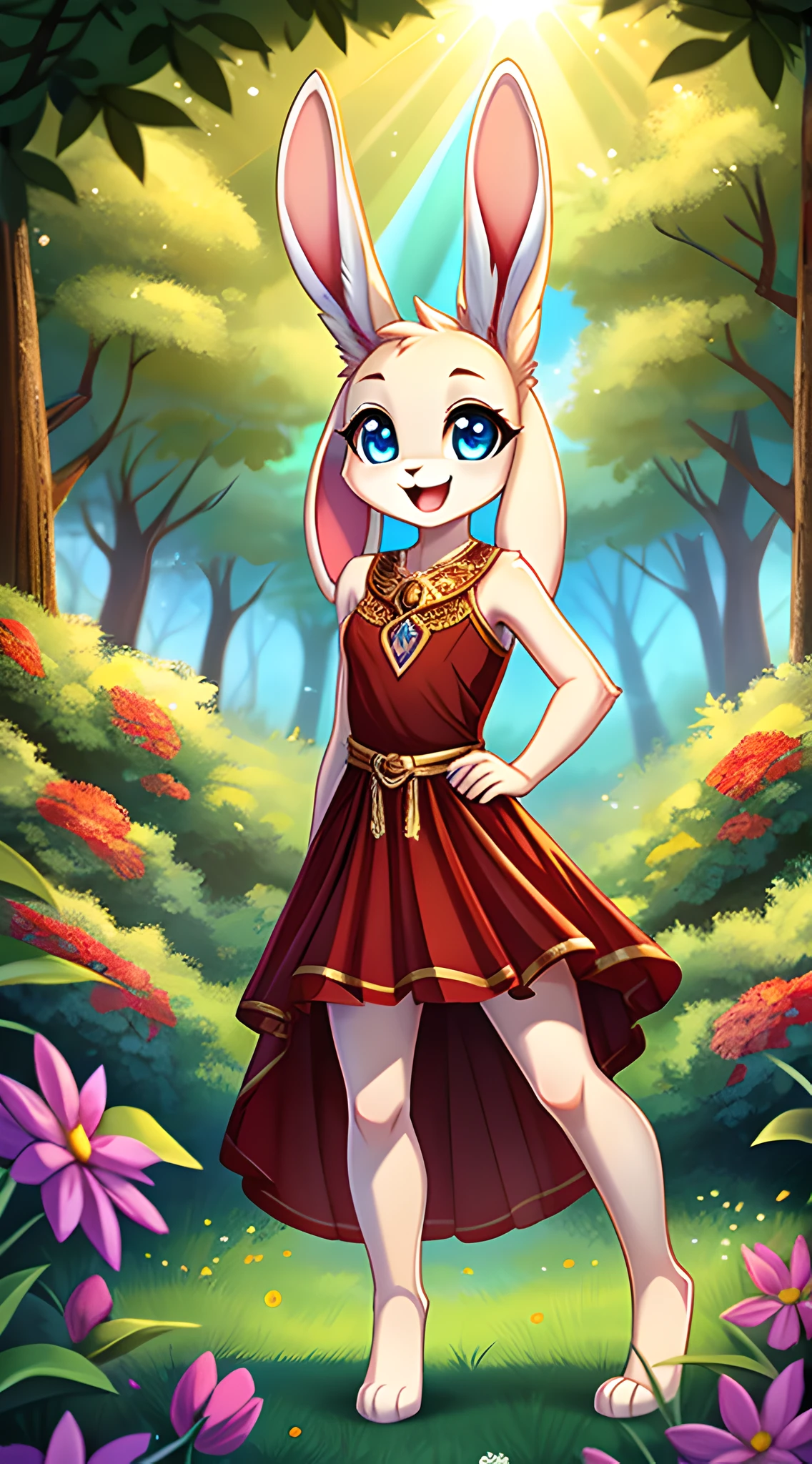 zoomed out image, entire body portrait, fantasy style art, cute, adorable, short, tiny, shapely, slim figure, well-proportioned body, lissome, svelte, sylphlike figure, small round breasts, fluffy age female white bunny with blue eyes, 2 extra ears, 4 ears, big floppy ears, long ears, ears perked up, raised ears, long eyelashes, smiling, standing in a forest, wearing a long red frilly dress, big expressive smile, open mouth, wide eyes, excited eyes, excited face, stunning visuals, sunlight coming through the trees, colorful flowers scattered in the bushes, digital illustration