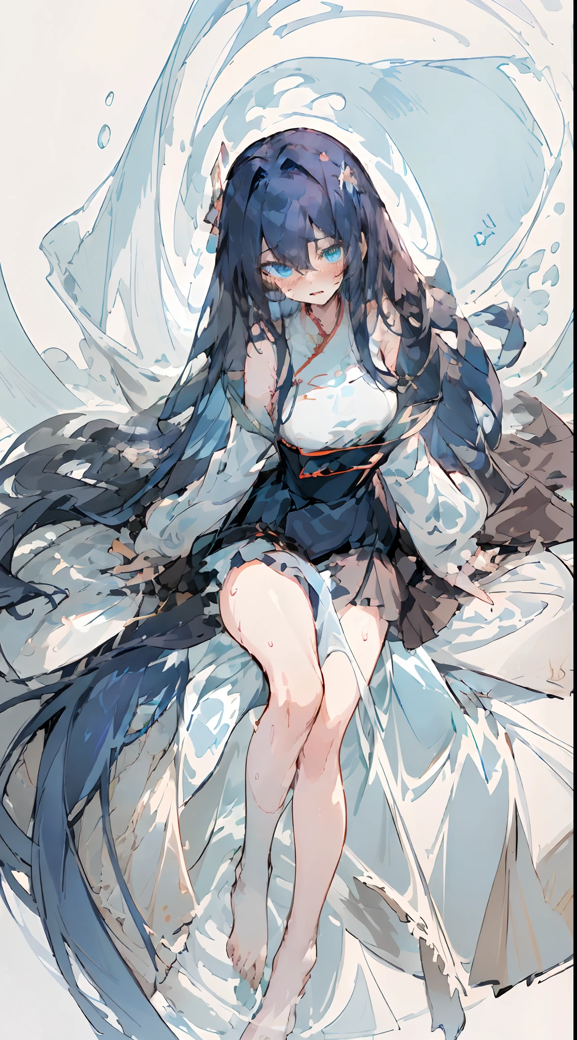 (Masterpiece, Best quality) (Masterpiece, Best quality) (Masterpiece, Best quality) ,1 girl, ((Blue eyes)), Delicate eyes, Dark blue hair, Long hair,Messy hair,Hairstyles, Blue Hanfu, Large breasts,( Slender legs:1.35), Barefoot,Wet,embarressed,((Blush)),Suffocating,full bodyesbian, Hand POV, Long sleeves, 鎖骨, , view the viewer, offcial art, Sketch, ,,Empty eyes,clench one's teeth,Bare shoulders,Highest image quality,Excellent hands,Solo,Slim waist,Rolling,Tears,Wet,open mouth,hairwear,leg rings,