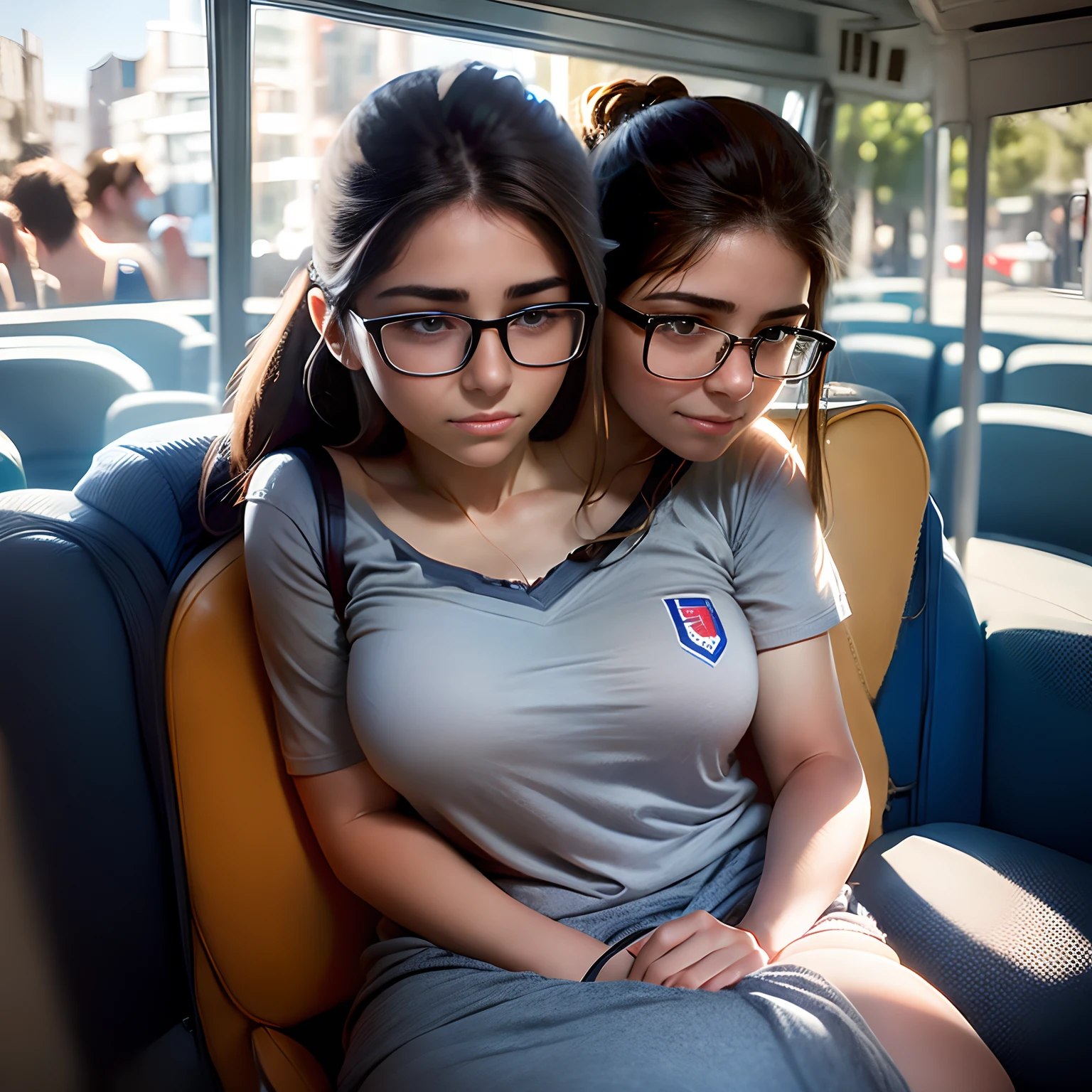 2heads:1.5, chilean girl, 18 years old, black straight hair, hair down, hair in a bun, very thick rimmed glasses, skinny with thick thighs, sleepy,  wearing a work uniform, backpack on lap,, delicate body hair visible, visible acne on forehead, napping while sitting on a busy metro, very detailed and realistic skin with some body hair on arms, some minor blemishes on face, acne,pov, looking away into the distance,dull artificial lighting,, taken from 15 feet away