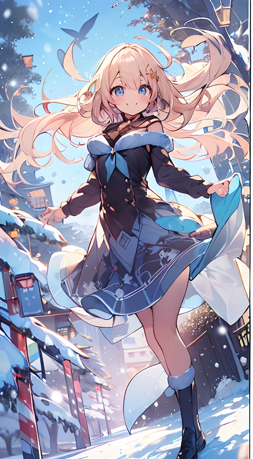 masutepiece, Best Quality,Illustration, Wallpaper, ultra -detail, Absurd beauty, 1beautiful girl、Bright hair color、Glitter and big eyes、Hair fluttering in the wind、ample breasts、♡、Smaller head、Winter scene、miscievous smile、Angle looking up from below