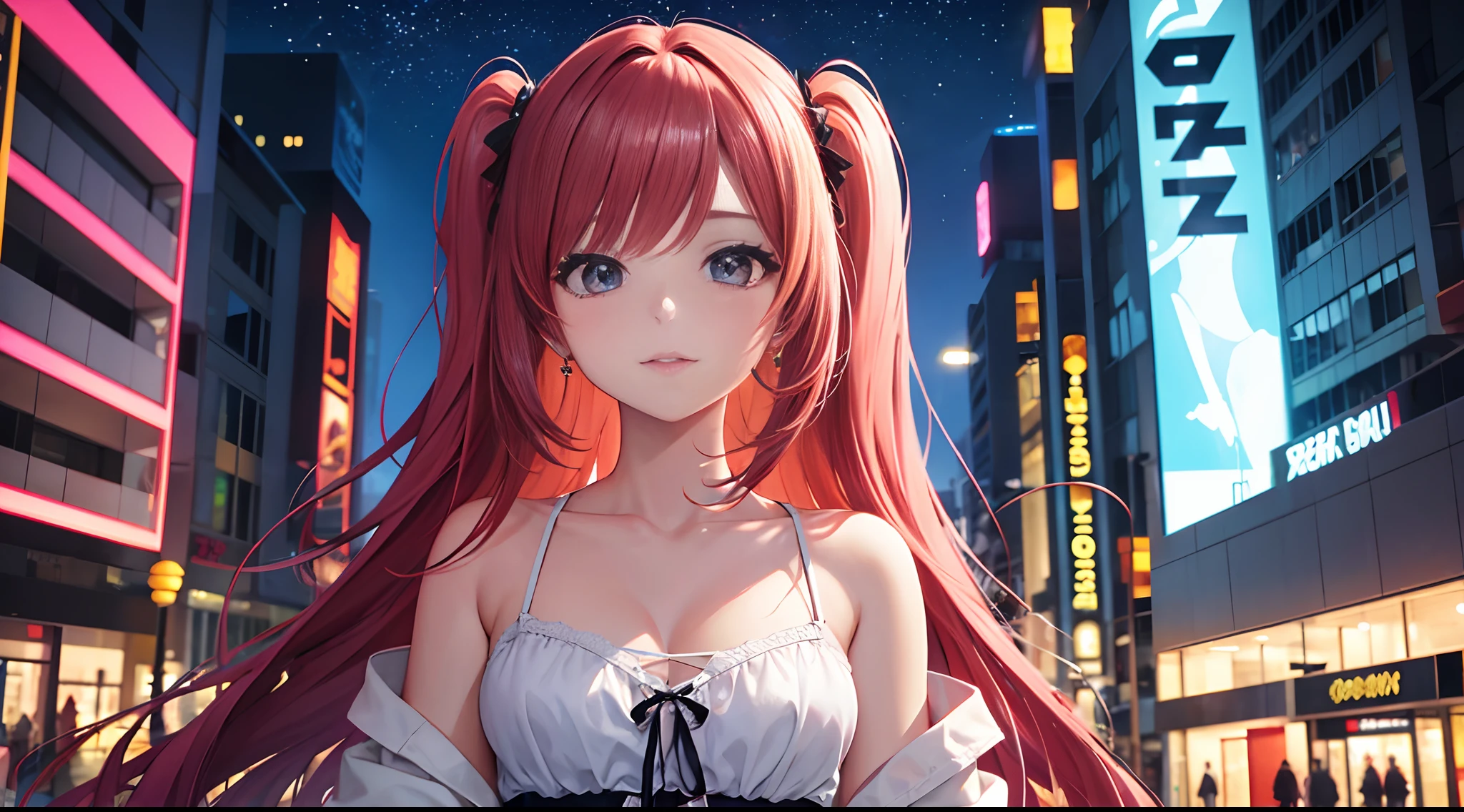 (melhor qualidade), (super fino), (master part), (Young lady), a red-haired woman in front of a building, night core, Bralette, Pokimane, Inspirado em anime, quase mostrando os peito, em uma loja de discos, Inspirado nos anos 80, futurista, estilo anos 90.