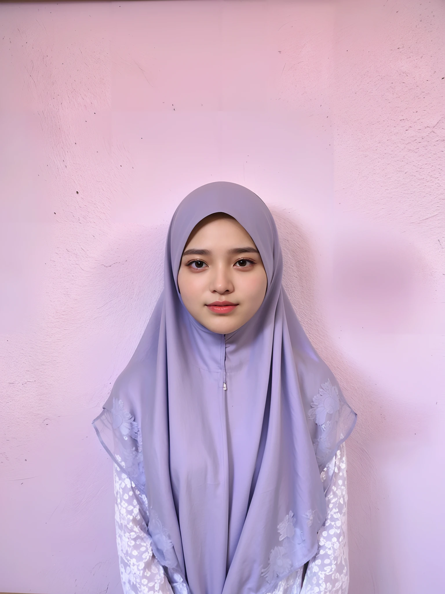 arafed woman in a hijab standing in front of a pink wall, full protrait, protrait, inspired by Naza, potrait, inspired by Nazmi Ziya Guran, a picture, faridah malik, inspired by Fathi Hassan, close up potrait, ismail, riyahd cassiem, wideangle portrait, hijab