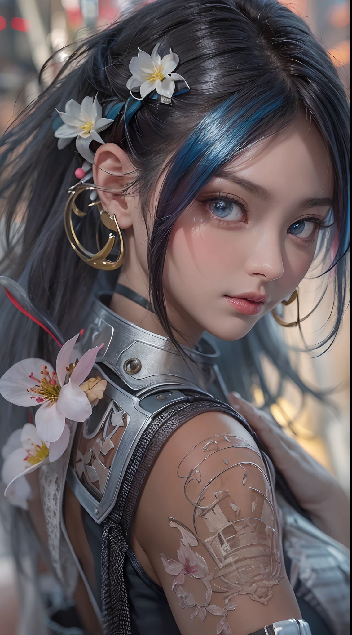masterpiece, 1 beautiful girl, Detailed eye, Swollen eyes, top-quality, 超A high resolution, (reality: 1.4), 电影灯光, very extremely beautiful, Beautiful skins, A slender, Forward-facing body, (A hyper-realistic), (hight resolution), (8K), (ighly detailed), ( Best Illustration), (beautifully detailed eyes), (ultra-detailliert), 详细的脸, Bright lighting, Professional Lighting、the most beautiful and sexy cyberpunk girl, rainbow colored hair, orange eyes, dark african skin, wearing incredibly detailed futuristic cyberpunk battle armor, huge enormously gigantic tits, cleavage showing, tons of tattoos and piercings, in hyper futuristic city metropolis, cherry blossoms blowing in the wind, cinematic, incredibly perfect masterpiece, high quality, high resolution