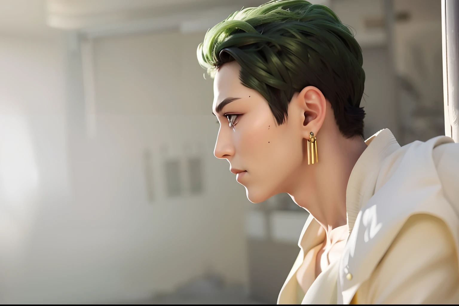 Zoro Handsome man, from Japan, soft, smooth eyes, opalescent, pearlescent, holographic, facing sideways, blackish green hair, has 3 gold earrings, wears plain white Japanese clothes, sharp nose,