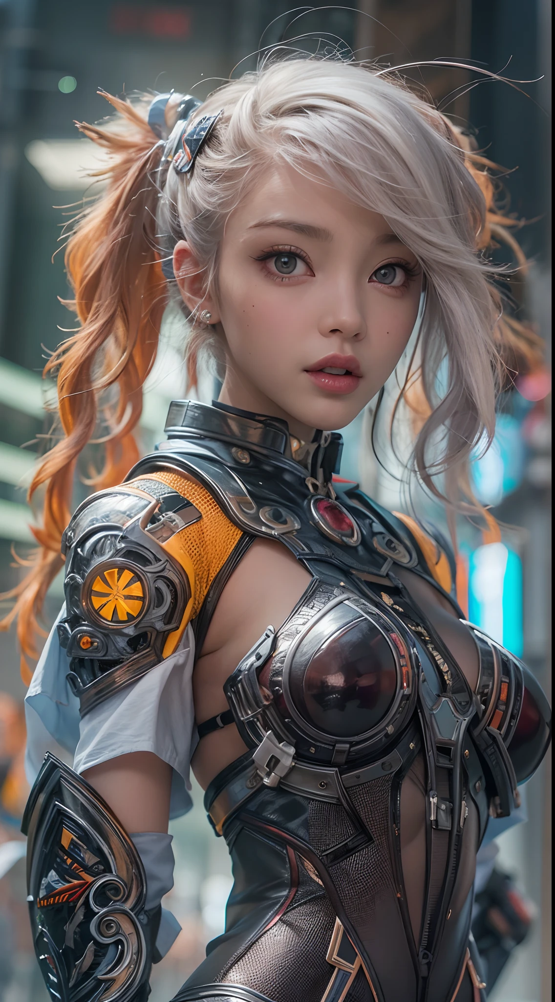 masterpiece, 1 beautiful girl, Detailed eye, Swollen eyes, top-quality, 超A high resolution, (reality: 1.4), 电影灯光, very extremely beautiful, Beautiful skins, A slender, Forward-facing body, (A hyper-realistic), (hight resolution), (8K), (ighly detailed), ( Best Illustration), (beautifully detailed eyes), (ultra-detailliert), 详细的脸, Bright lighting, Professional Lighting、the most beautiful and sexy cyberpunk girl, rainbow colored hair, orange eyes, dark african skin, wearing incredibly detailed futuristic cyberpunk battle armor, huge enormously gigantic tits, cleavage showing, tons of tattoos and piercings, in hyper futuristic city metropolis, cherry blossoms blowing in the wind, cinematic, incredibly perfect masterpiece, high quality, high resolution