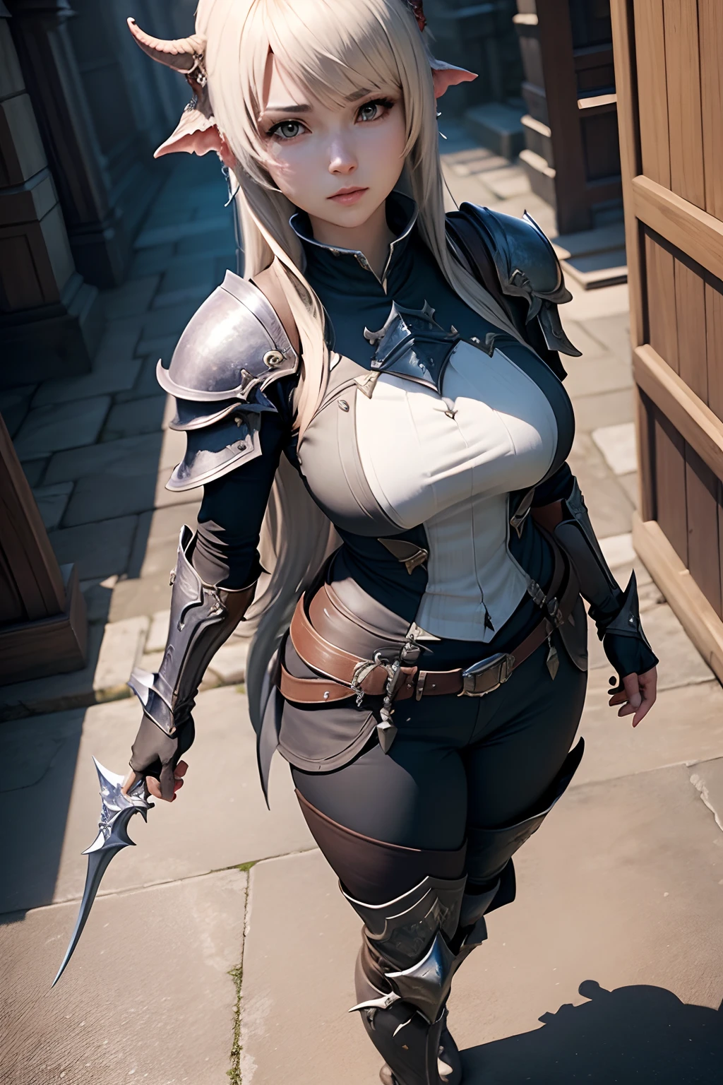Create a hyper-realistic 3D image of a beautiful Viking woman with white eyes ,cabello plata en trensas great ,medieval cybernetic armor clothing , tatuajes great y espectaculares , she is beautiful , miradas sensuales with all its ornaments , give me dynamic poses , great , with all its ornaments , spectacular space environment the environment is night , the image must be perfectly detailed, applies HDMI technologies, 1200 dpi and full definition