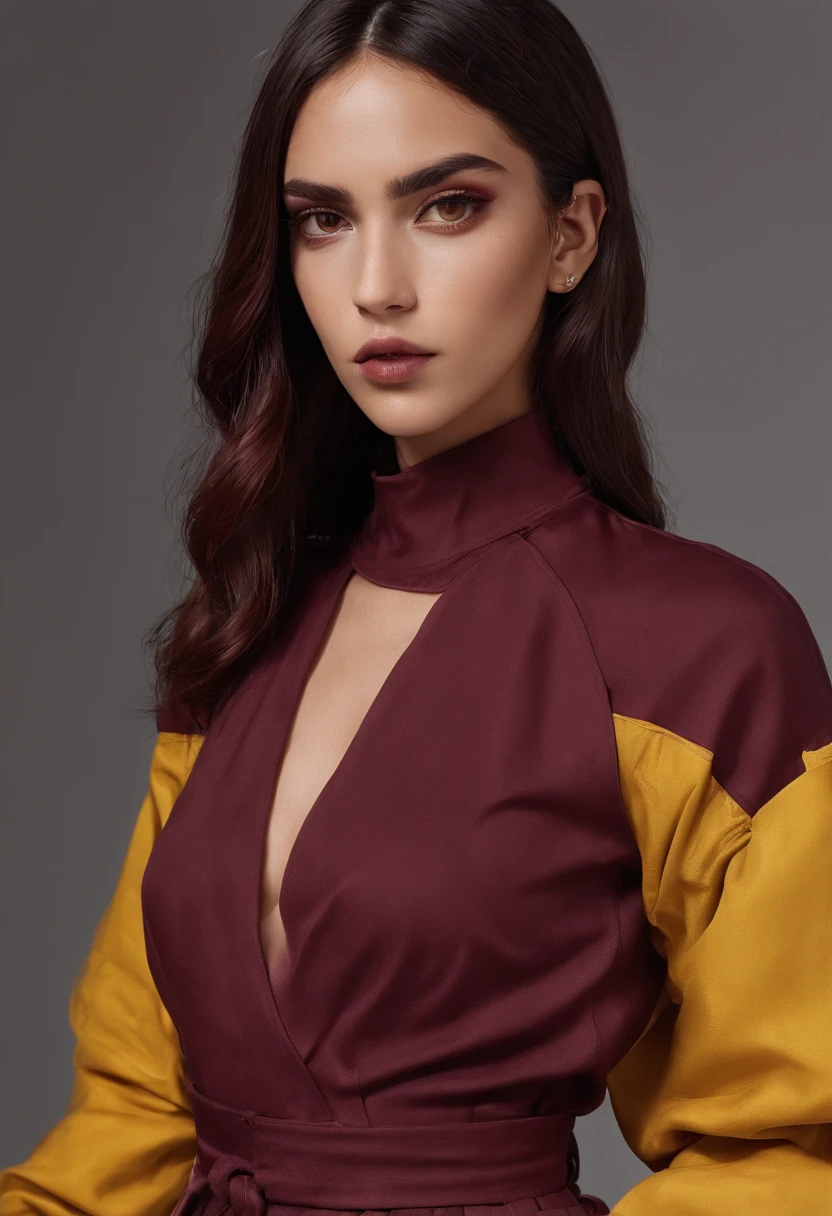 Fotografia de Moda, corpo inteiro, of natives of indigenous peoples PIJAO Colombia, cabelos longos e lisos, Slightly elongated head, head modification, gorgeous androgynous, em um vestido Streetwear, streetwear, vestido midi com treis pregas na frente mangas nos ombros e gola tipo V, yellow gold and burgundy, Yellow gold and burgundy streetwear dress of the brand "TA", "TA" streetwear, emergindo de uma lagoa, ao fundo o "Nevado del Tolima" colombia, pico nevado, Parecendo legal, iconic, destacado, but relatable. hiper-realismo, foto realista, apenas fotografia, Sem escrever.