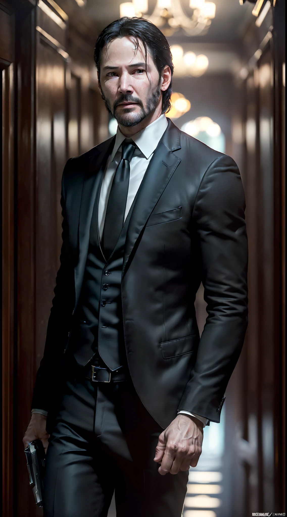((Unreal Engine 5)), ((ultra high definition)), ((ultra high resolution)), ((full sharpness)), ((maximum quality)), ((Cinematic)), ((8k)), ((John Wick/Keanu Reeves)), ((identical to the movie)), ((totally the same as the movie)), ((typical face)), ((alone)), ((full body)), ((ultra detailed face)), ((ultra detailed eyes)), ((ultra realist eyes)), ((ultra detailed irises)), ((ultra delicate hands)), ((ultra detailed hands)), ((ultra detailed fingers)), ((natural lighting)), ((front view)), ((totally ultra realistic)), ((repeat the same face)), ((always the same face)), ((repeat always the same face)), ((always the same body)), ((always the same proportions)), ((always the same clothes)), ((wearing the same clothes as in the movie)), ((looking at the camera)), (((in Continental Hotel))), ((in action))