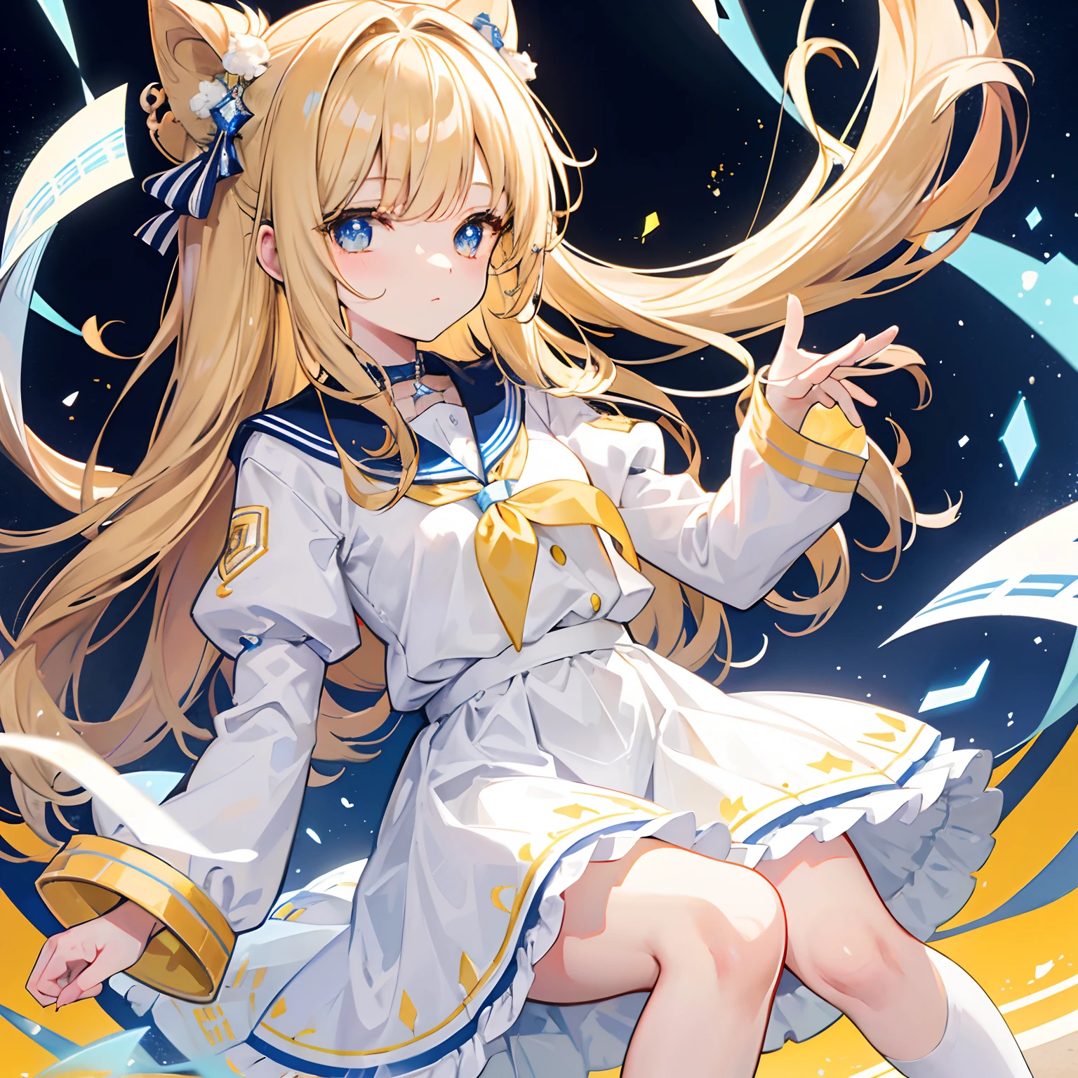 Glowing light brownish yellow with hair and pupils,Blue and white school uniforms,With a silver crystal pendant,Sweet loli girl,The whole is shining