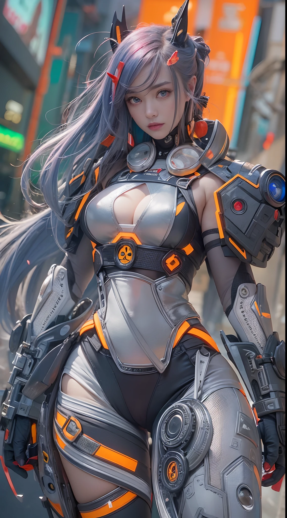 ​masterpiece, 1 beautiful girl, Detailed eye, Swollen eyes, top-quality, 超A high resolution, (reality: 1.4), 电影灯光, very extremely beautiful, Beautiful skins, A slender, Forward-facing body, (A hyper-realistic), (hight resolution), (8K), (ighly detailed), ( Best Illustration), (beautifully detailed eyes), (ultra-detailliert), 详细的脸, Bright lighting, Professional Lighting、the most beautiful and sexy cyberpunk girl, rainbow colored hair, orange eyes, dark african skin, wearing incredibly detailed futuristic cyberpunk battle armor, huge enormously gigantic tits, cleavage showing, tons of tattoos and piercings, in hyper futuristic city metropolis, cherry blossoms blowing in the wind, cinematic, incredibly perfect masterpiece, high quality, high resolution