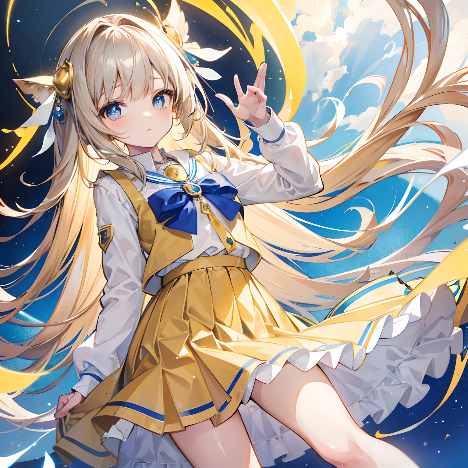 Glowing light brownish yellow with hair and pupils,Blue and white school uniforms,With a silver crystal pendant,Sweet girl,The whole is shining